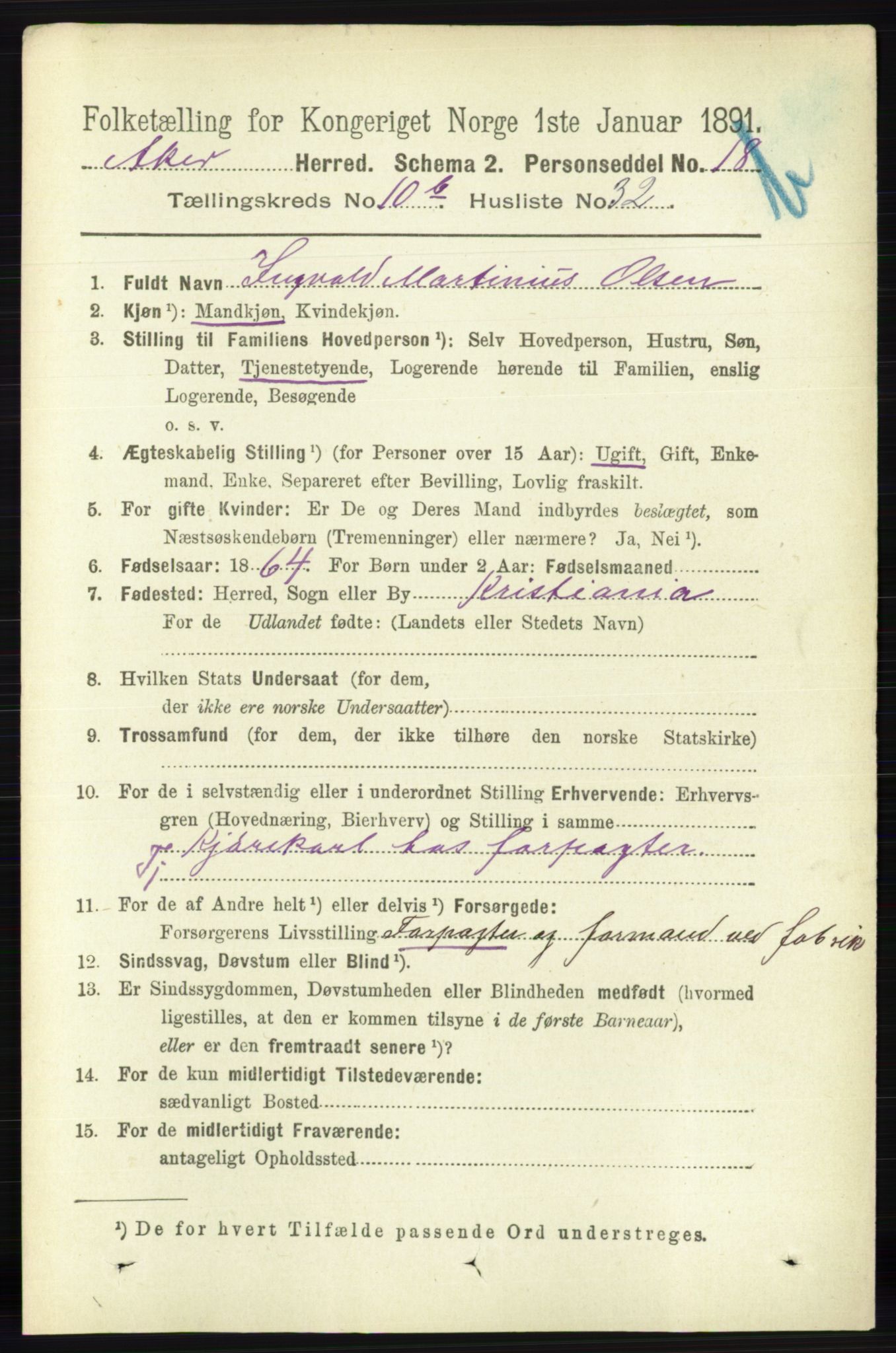 RA, 1891 census for 0218 Aker, 1891, p. 10045