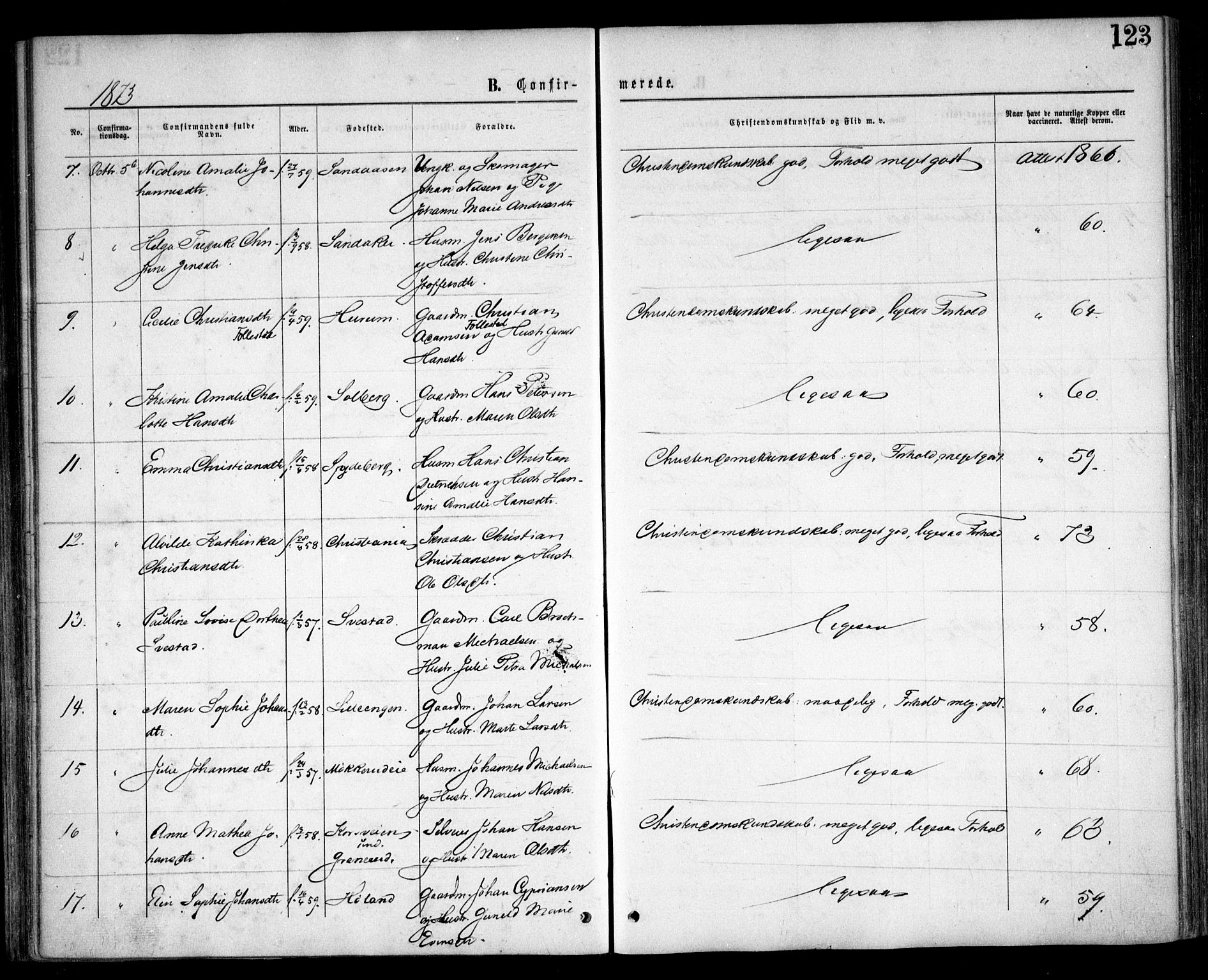 Nesodden prestekontor Kirkebøker, AV/SAO-A-10013/F/Fa/L0008: Parish register (official) no. I 8, 1869-1879, p. 123