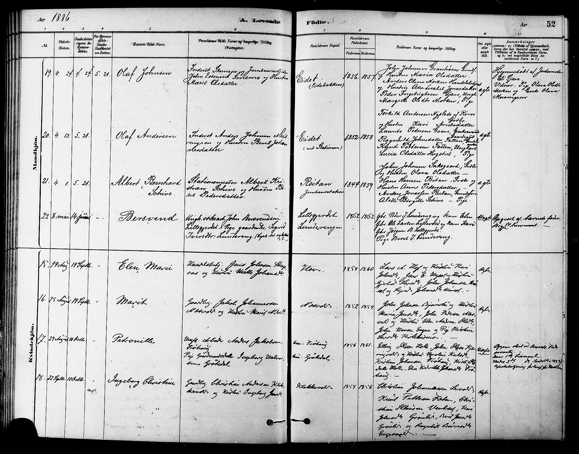 Ministerialprotokoller, klokkerbøker og fødselsregistre - Sør-Trøndelag, AV/SAT-A-1456/686/L0983: Parish register (official) no. 686A01, 1879-1890, p. 52