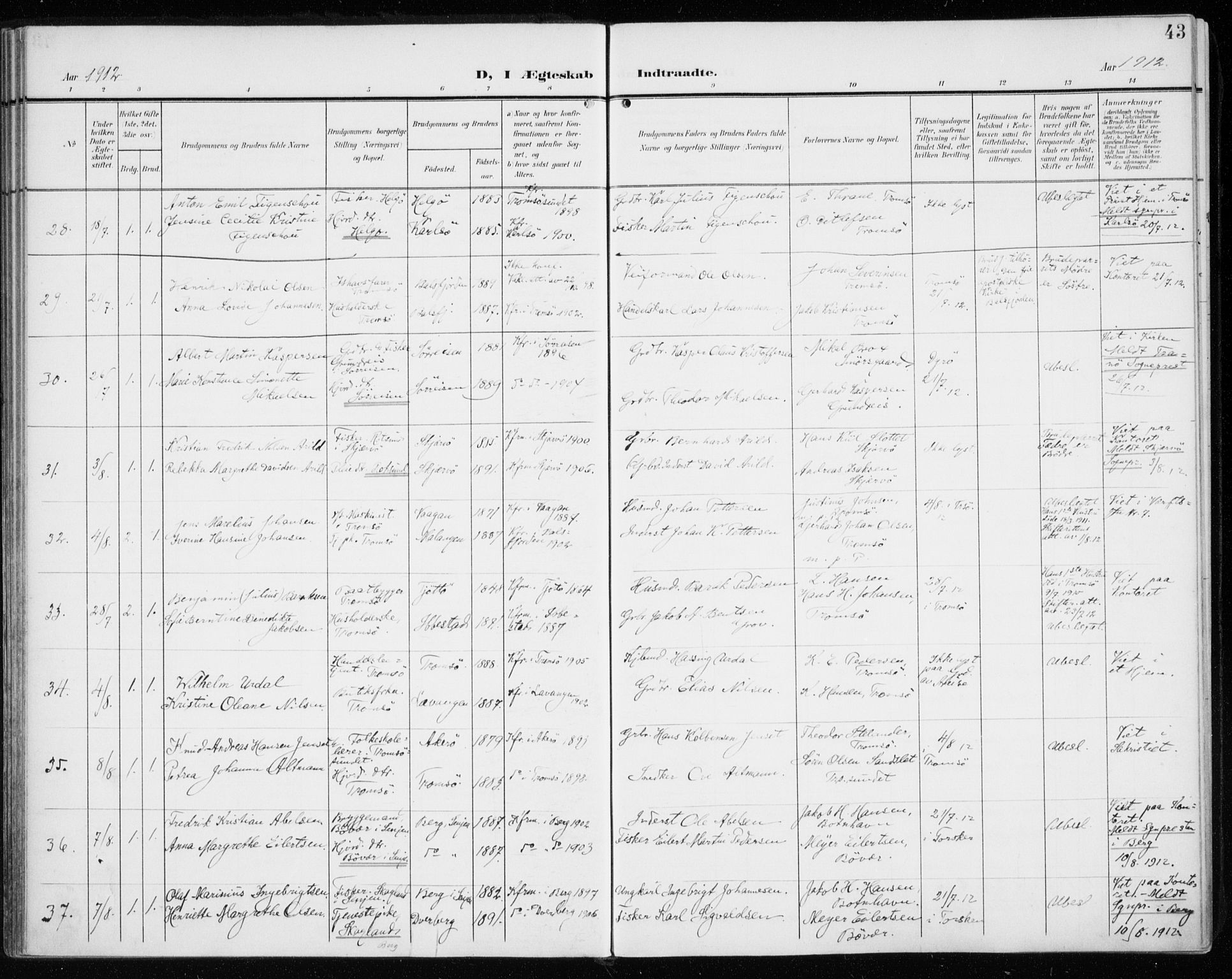 Tromsø sokneprestkontor/stiftsprosti/domprosti, SATØ/S-1343/G/Ga/L0018kirke: Parish register (official) no. 18, 1907-1917, p. 43