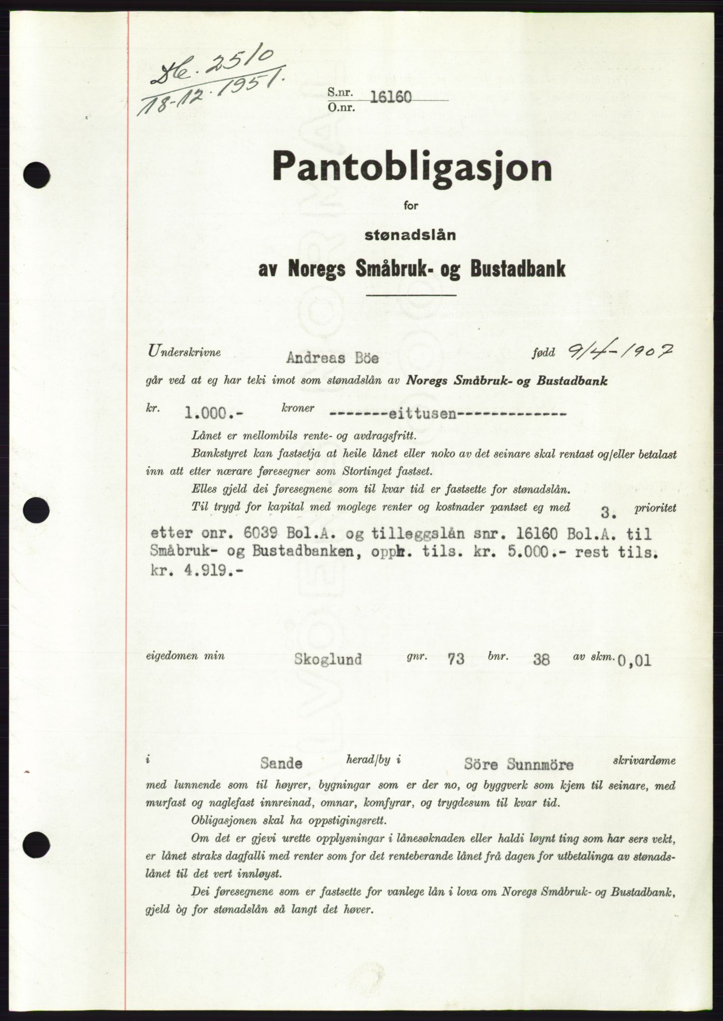 Søre Sunnmøre sorenskriveri, AV/SAT-A-4122/1/2/2C/L0121: Mortgage book no. 9B, 1951-1952, Diary no: : 2510/1951