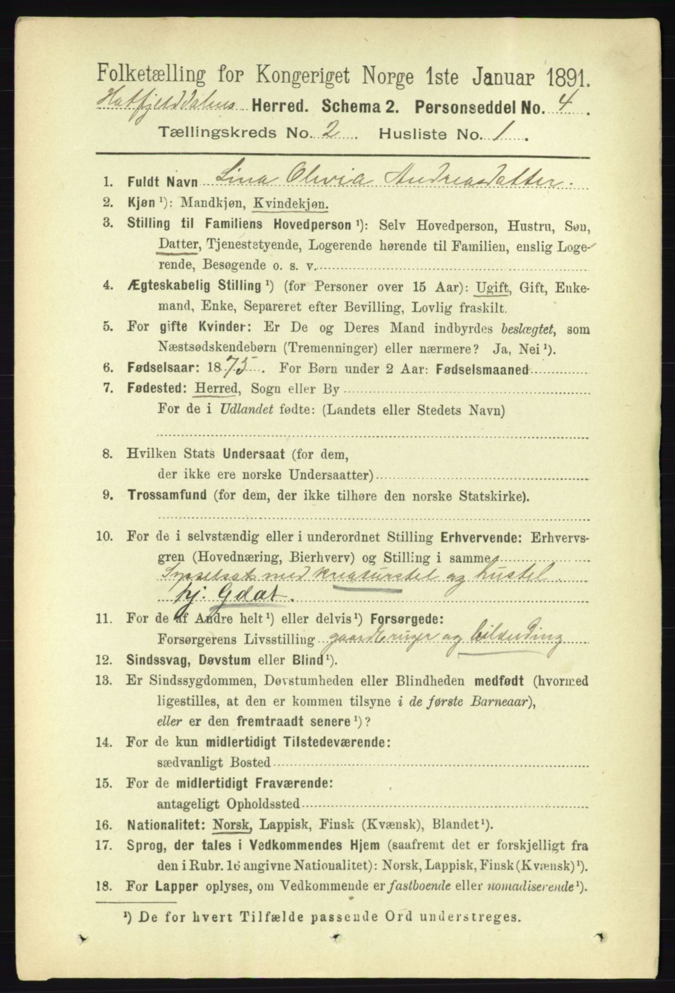 RA, 1891 census for 1826 Hattfjelldal, 1891, p. 291