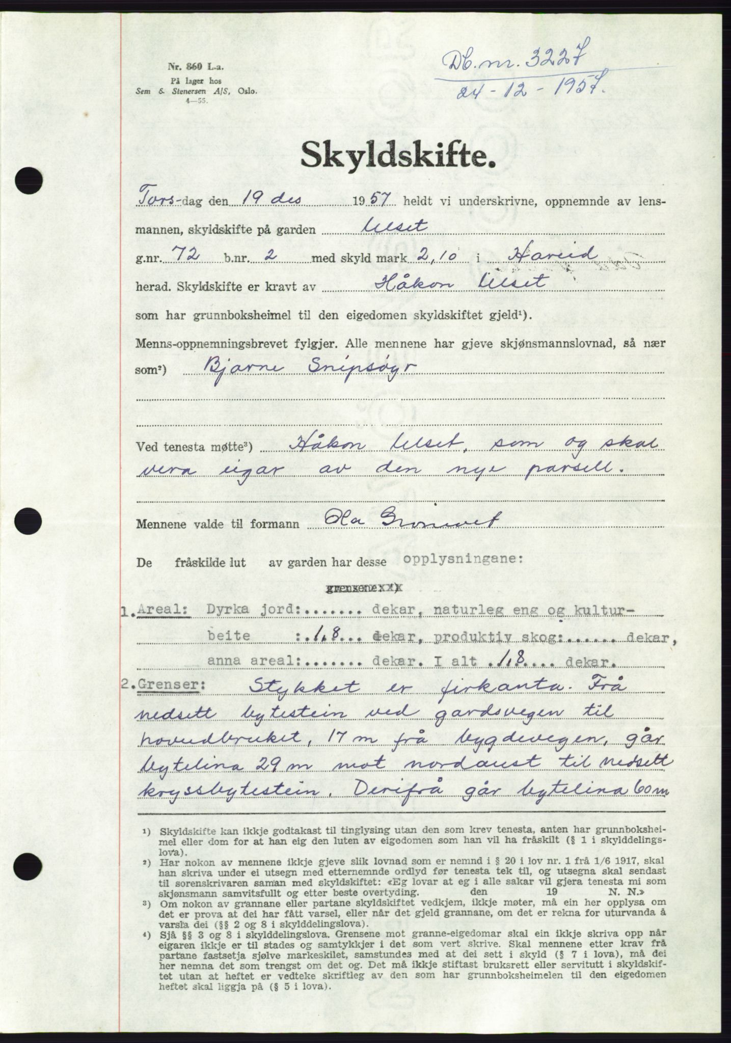 Søre Sunnmøre sorenskriveri, AV/SAT-A-4122/1/2/2C/L0108: Mortgage book no. 34A, 1957-1958, Diary no: : 3227/1957