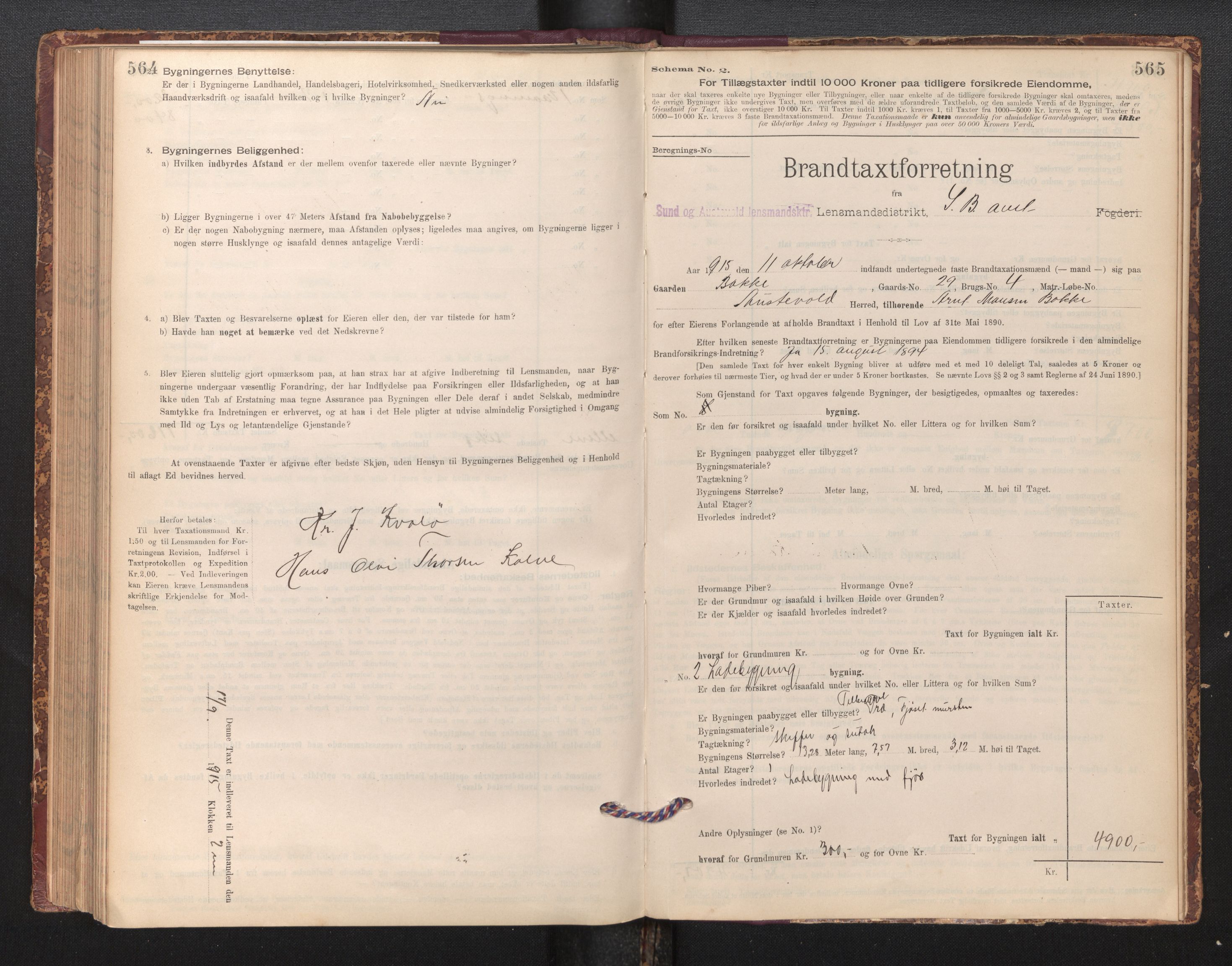 Lensmannen i Sund og Austevoll, SAB/A-35201/0012/L0003: Branntakstprotokoll, skjematakst, 1894-1917, p. 564-565