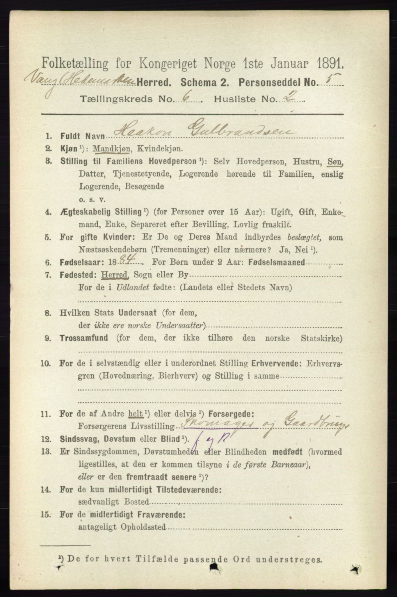 RA, 1891 census for 0414 Vang, 1891, p. 4288