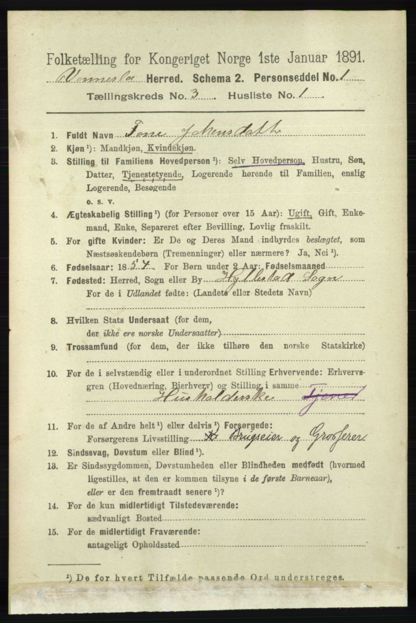 RA, 1891 census for 1014 Vennesla, 1891, p. 642