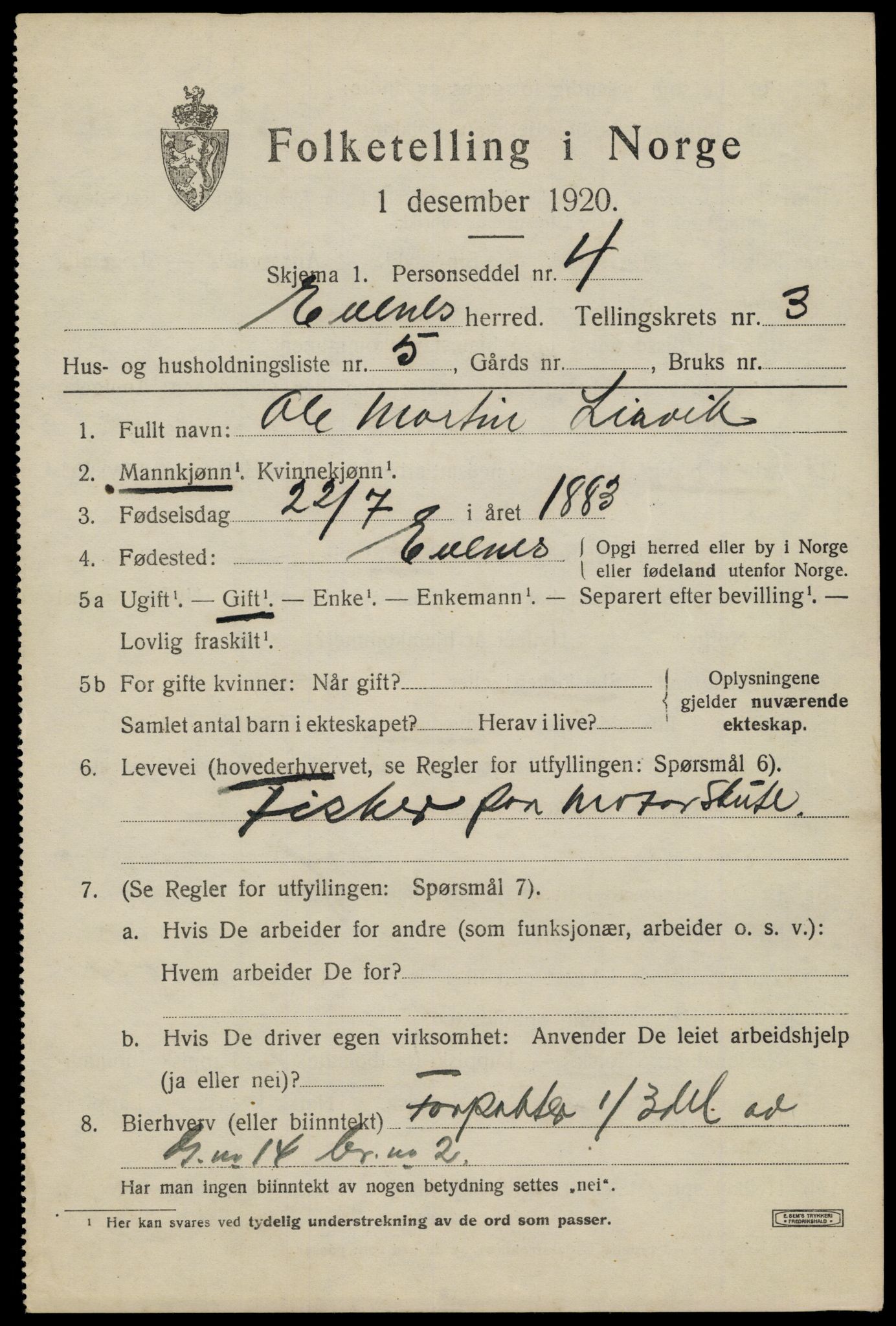 SAT, 1920 census for Evenes, 1920, p. 3006