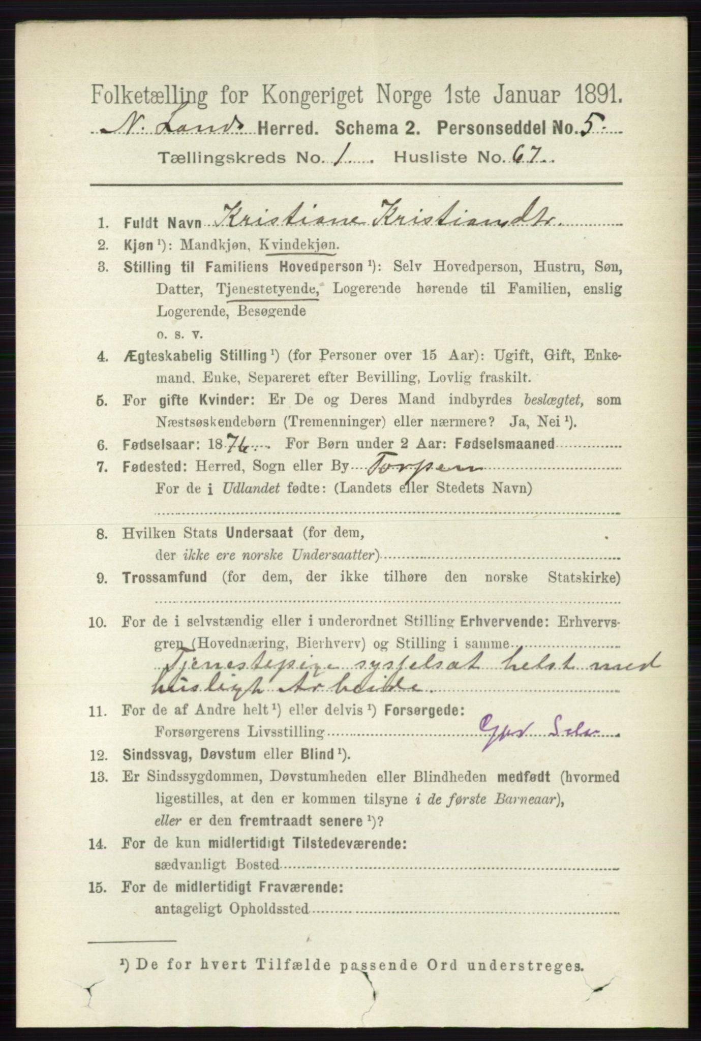 RA, 1891 census for 0538 Nordre Land, 1891, p. 518