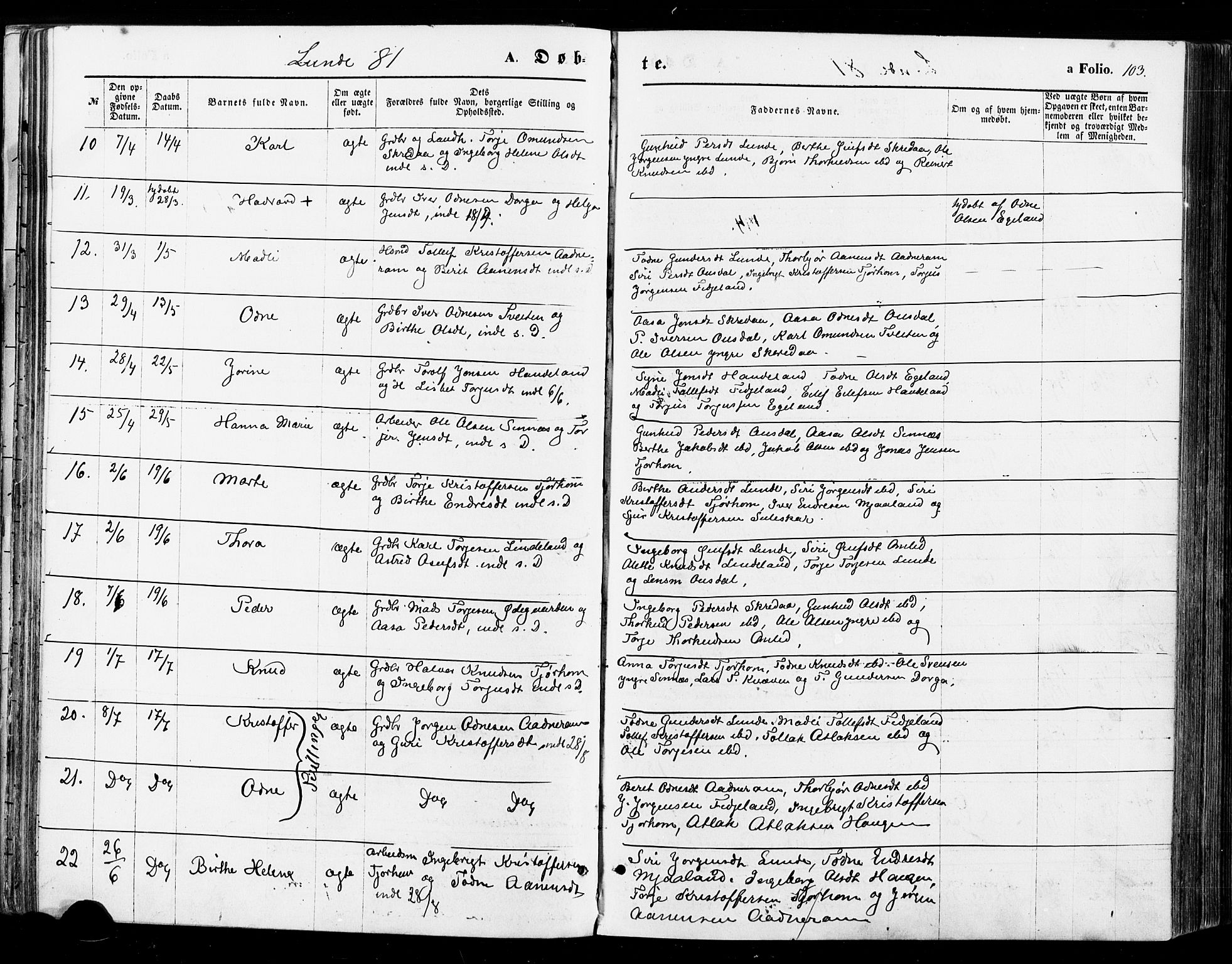 Sirdal sokneprestkontor, AV/SAK-1111-0036/F/Fa/Fab/L0003: Parish register (official) no. A 3, 1874-1886, p. 103