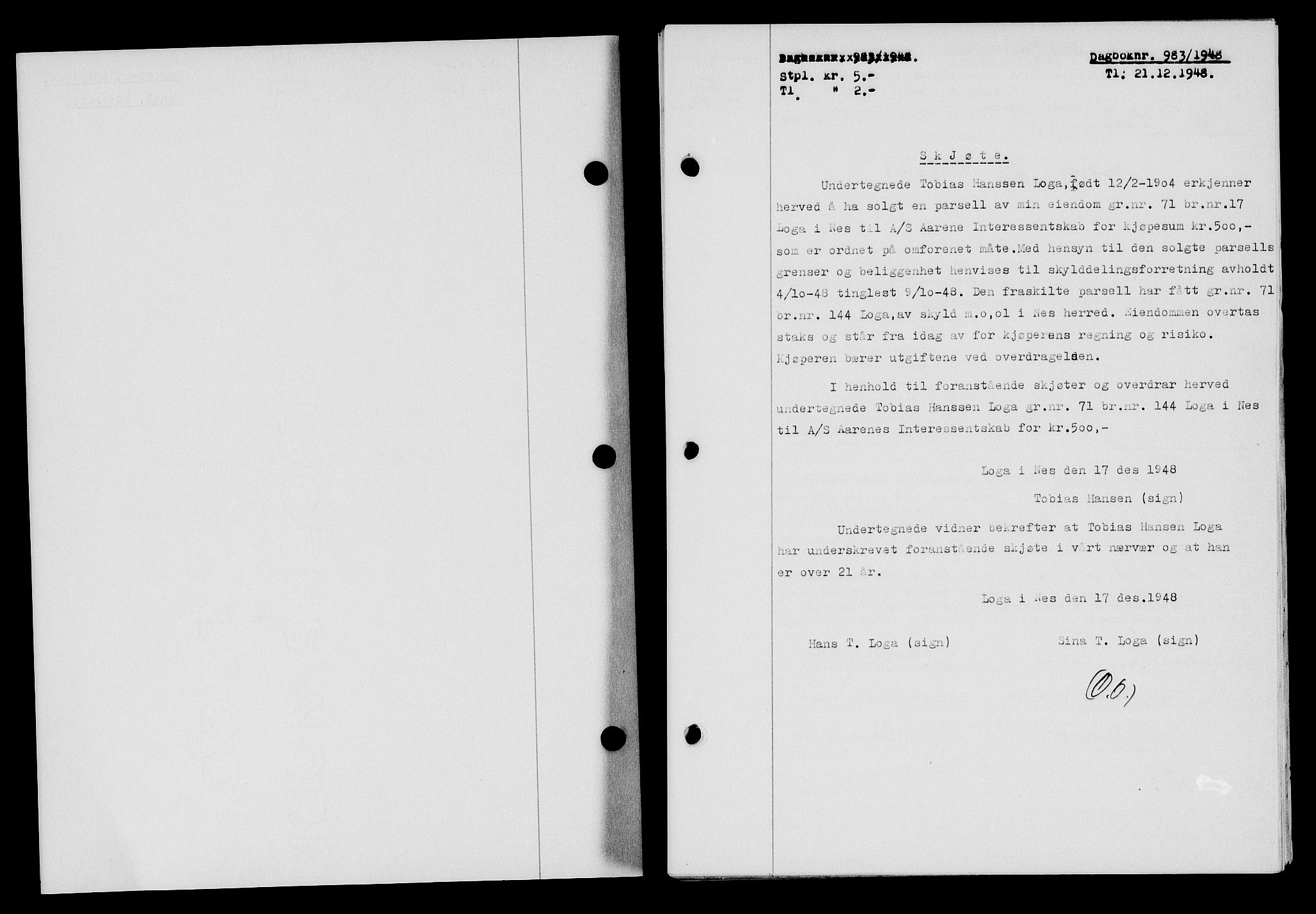 Flekkefjord sorenskriveri, AV/SAK-1221-0001/G/Gb/Gba/L0064: Mortgage book no. A-12, 1948-1949, Diary no: : 983/1948