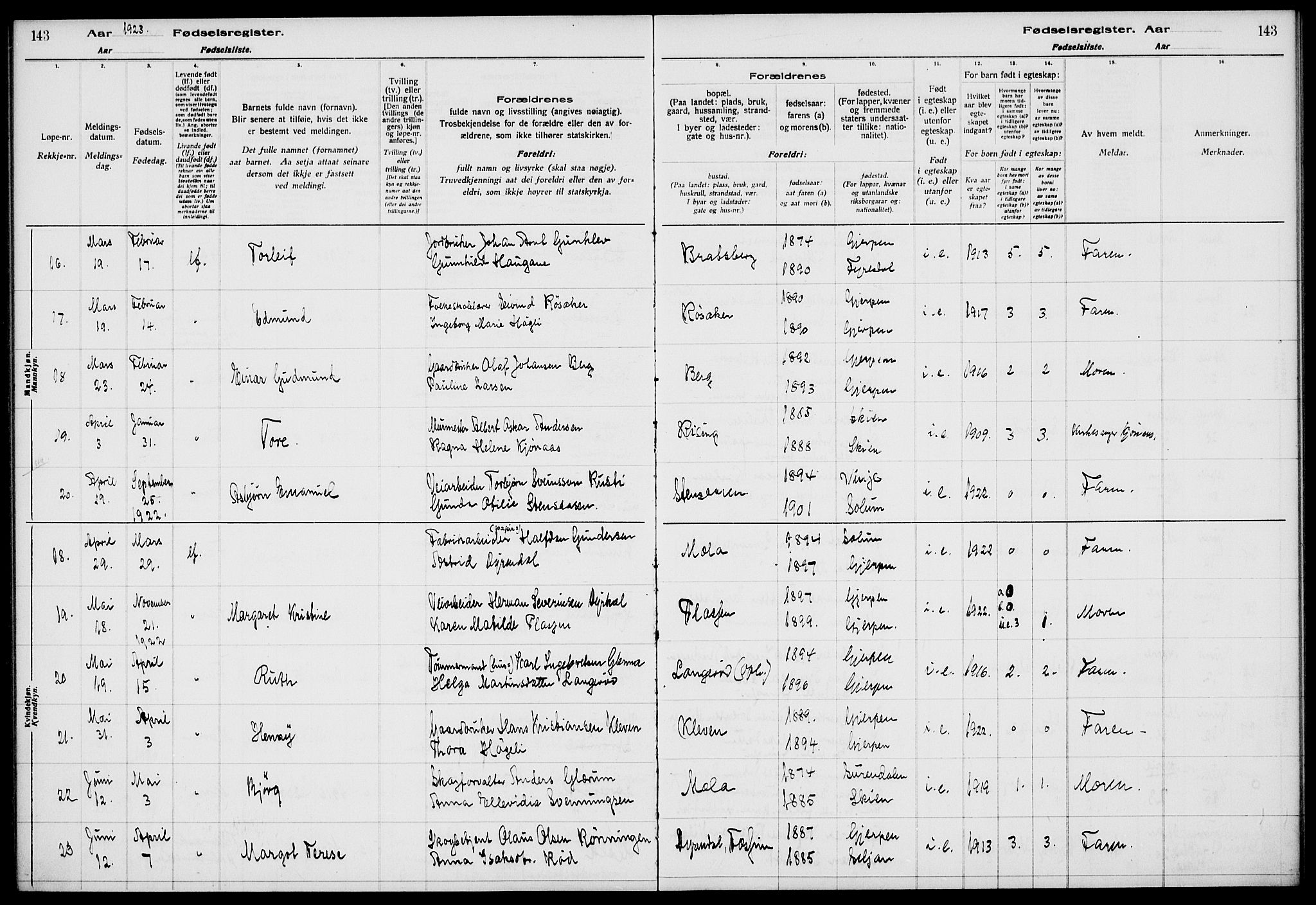 Gjerpen kirkebøker, AV/SAKO-A-265/J/Ja/L0001: Birth register no. I 1, 1916-1926, p. 143