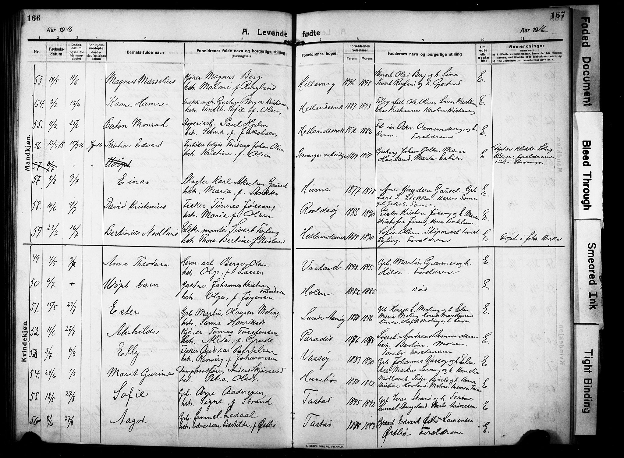 Hetland sokneprestkontor, AV/SAST-A-101826/30/30BB/L0008: Parish register (copy) no. B 8, 1910-1921, p. 166-167