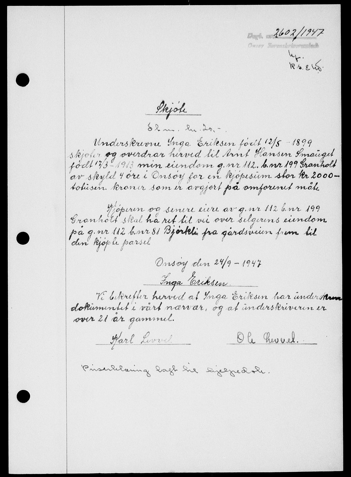 Onsøy sorenskriveri, SAO/A-10474/G/Ga/Gab/L0021: Mortgage book no. II A-21, 1947-1947, Diary no: : 2602/1947