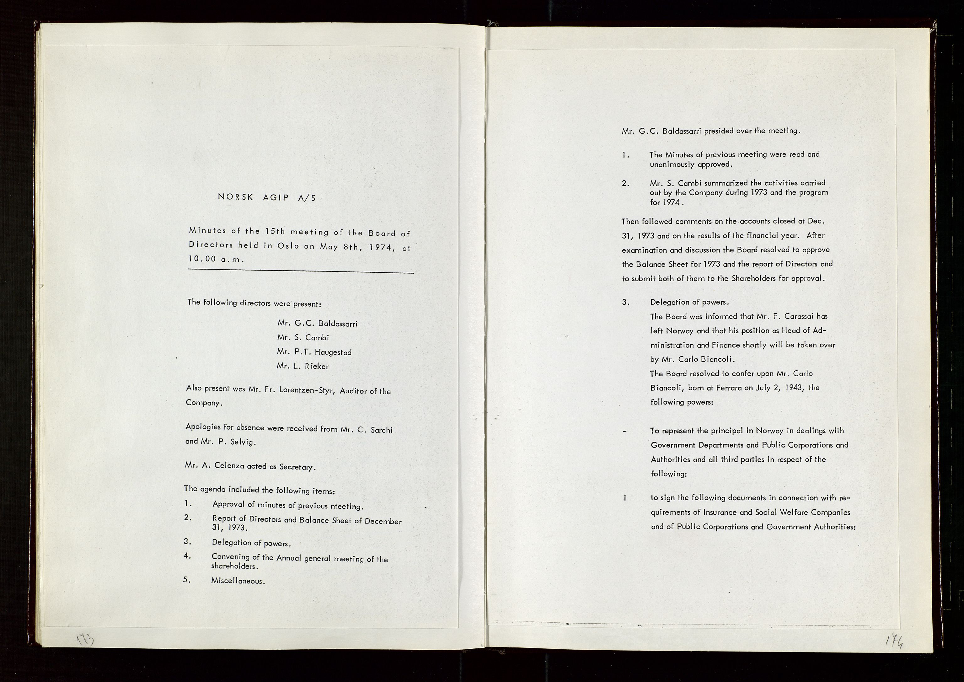 Pa 1583 - Norsk Agip AS, SAST/A-102138/A/Aa/L0002: General assembly and Board of Directors meeting minutes, 1972-1979, p. 173-174