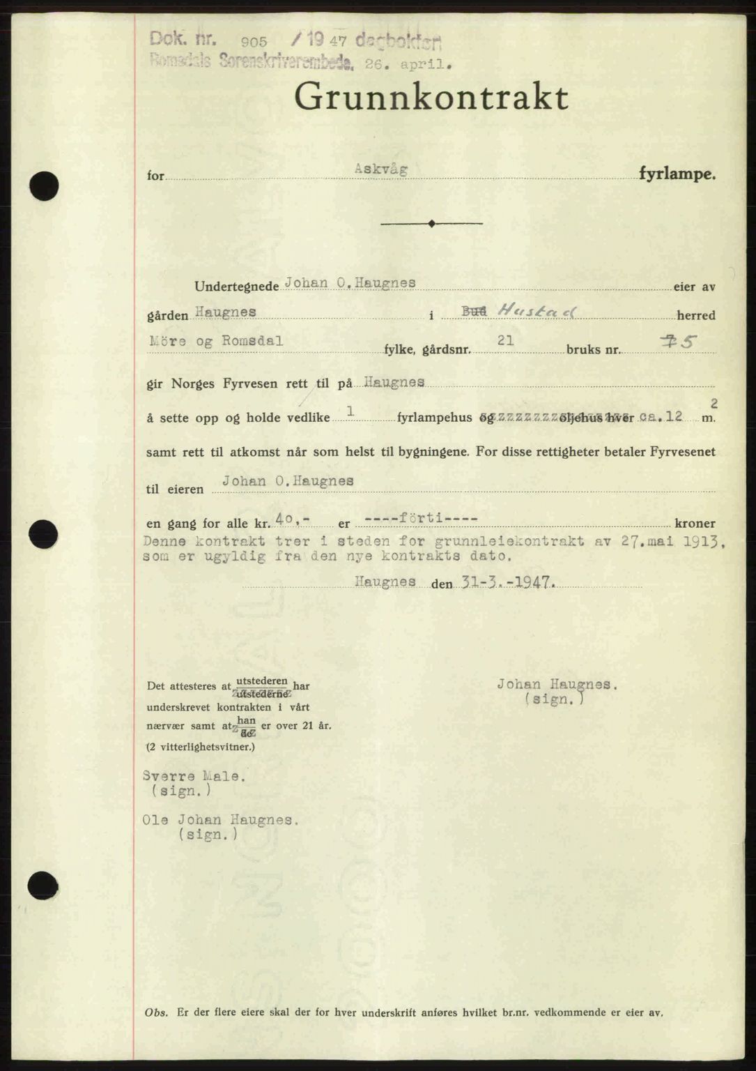 Romsdal sorenskriveri, AV/SAT-A-4149/1/2/2C: Mortgage book no. A22, 1947-1947, Diary no: : 905/1947