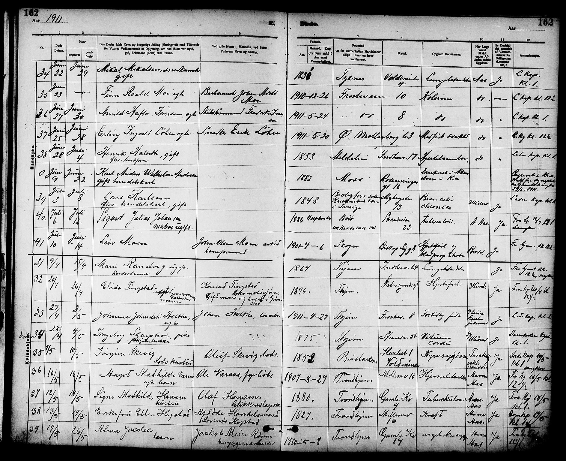 Ministerialprotokoller, klokkerbøker og fødselsregistre - Sør-Trøndelag, SAT/A-1456/605/L0255: Parish register (copy) no. 605C02, 1908-1918, p. 162