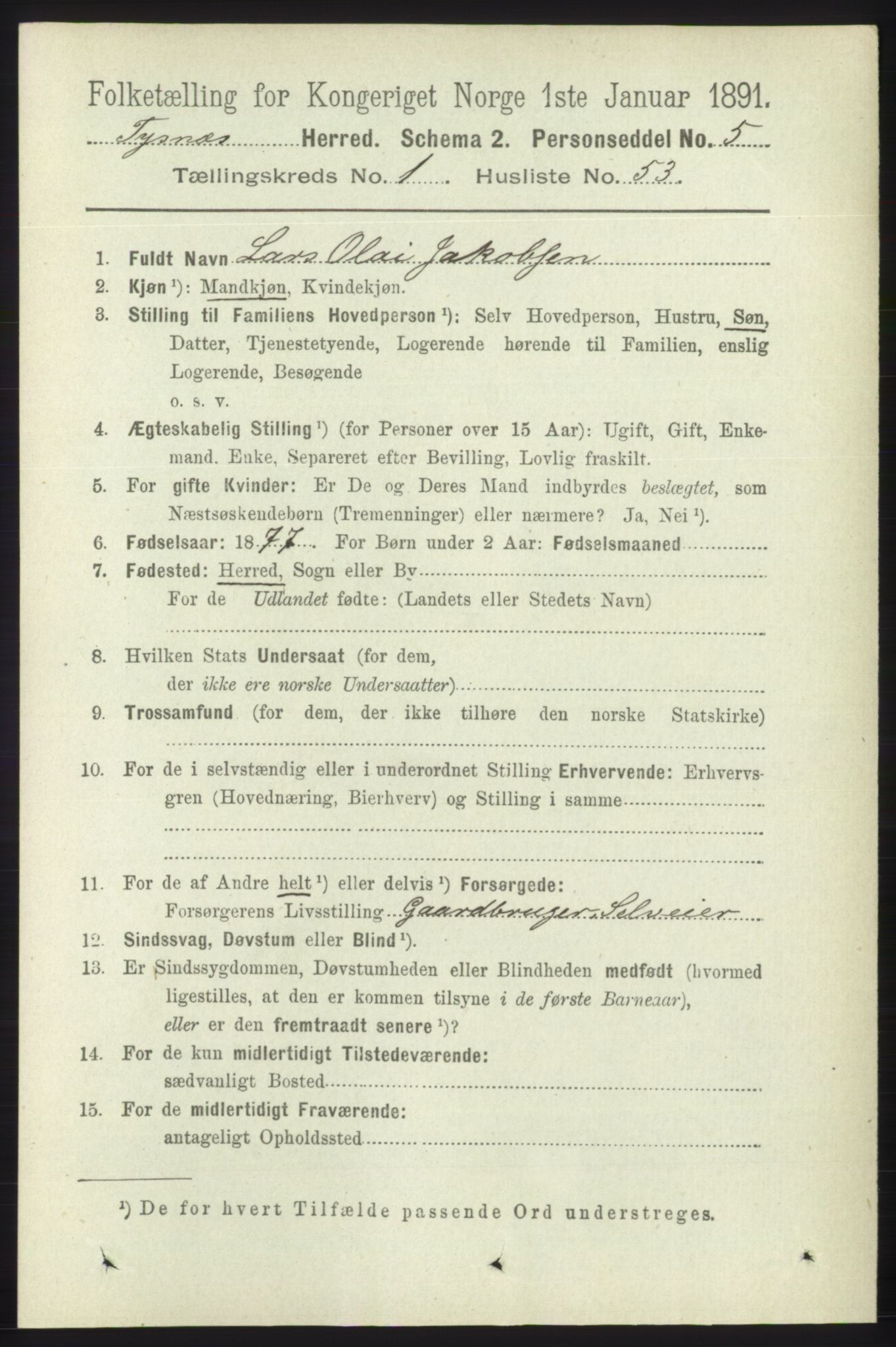 RA, 1891 census for 1223 Tysnes, 1891, p. 391