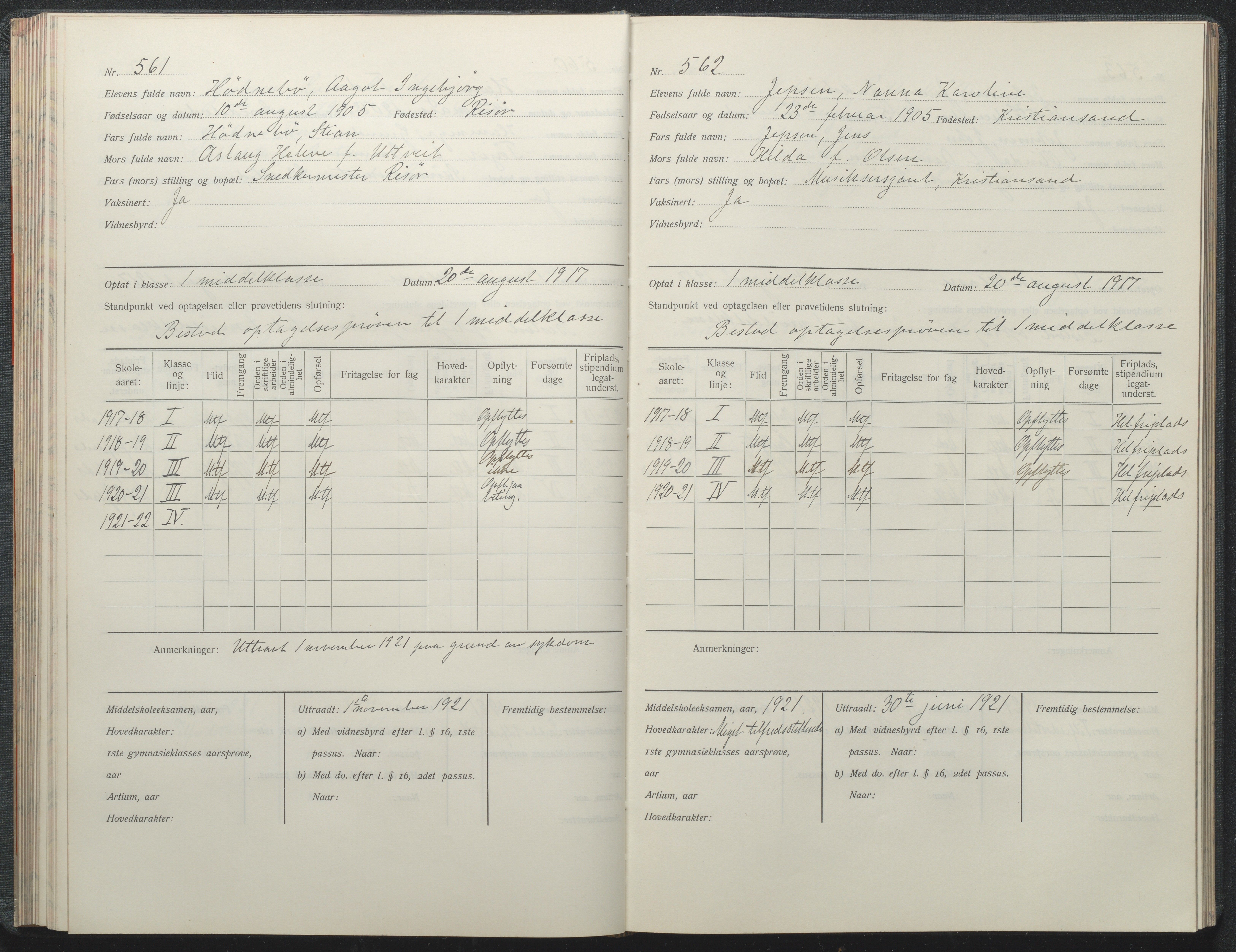 Risør kommune, AAKS/KA0901-PK/1/05/05i/L0002: Manntallsprotokoll, 1911-1925, p. 561-562