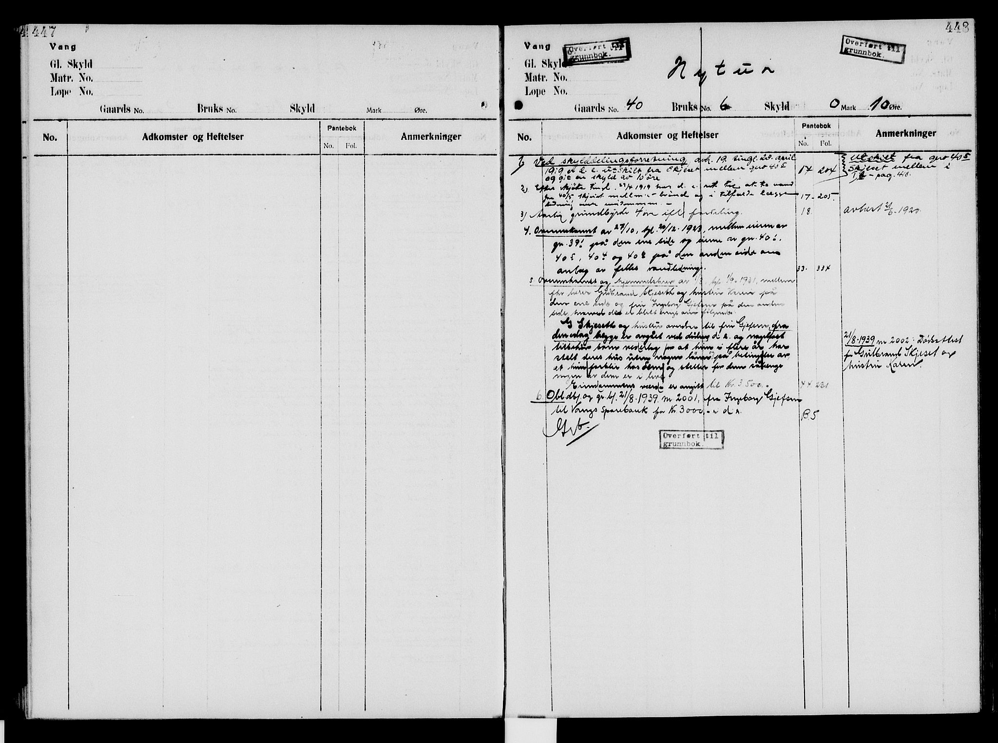 Nord-Hedmark sorenskriveri, SAH/TING-012/H/Ha/Had/Hade/L0005: Mortgage register no. 4.5, 1916-1940, p. 447-448