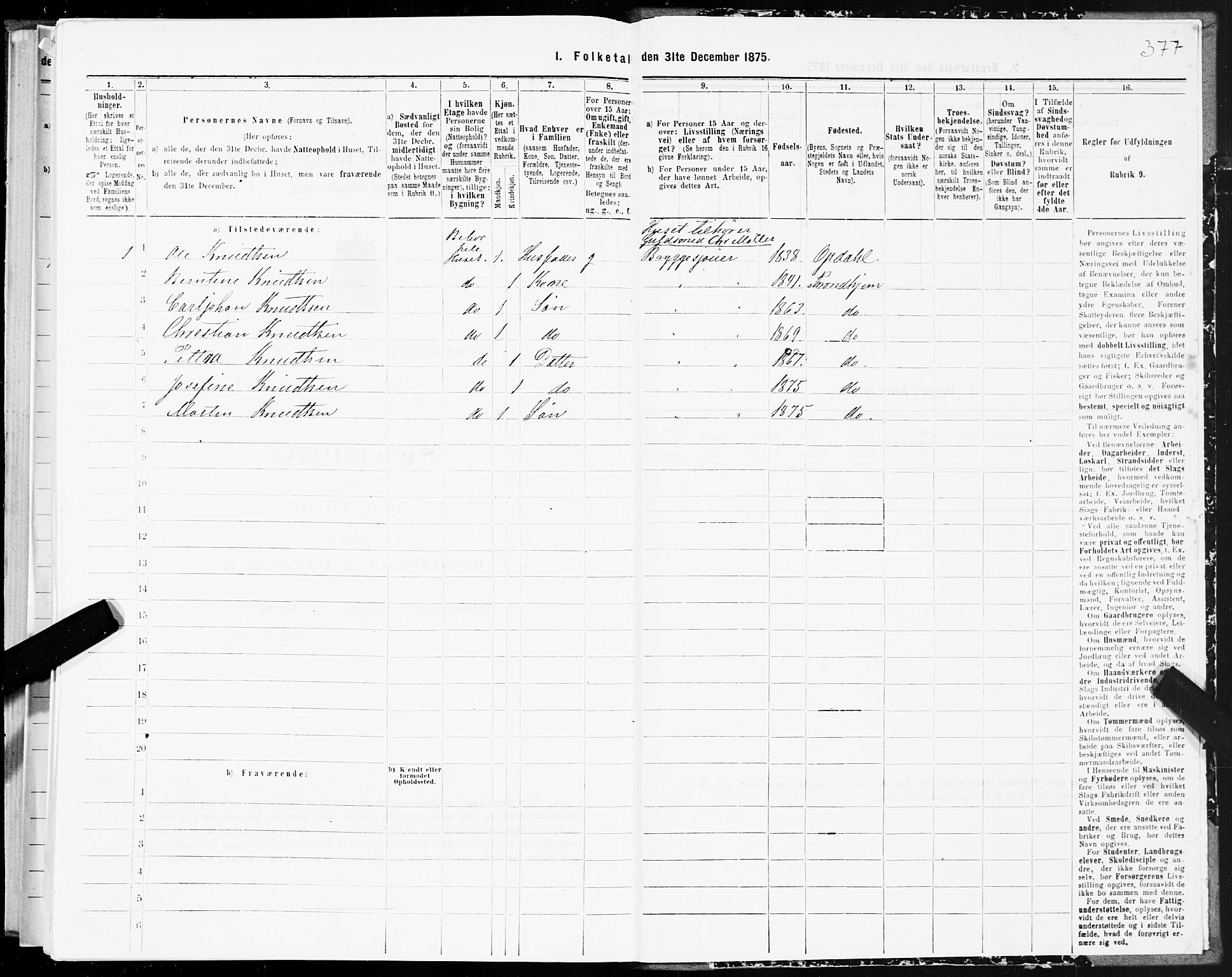 SAT, 1875 census for 1601 Trondheim, 1875, p. 7377