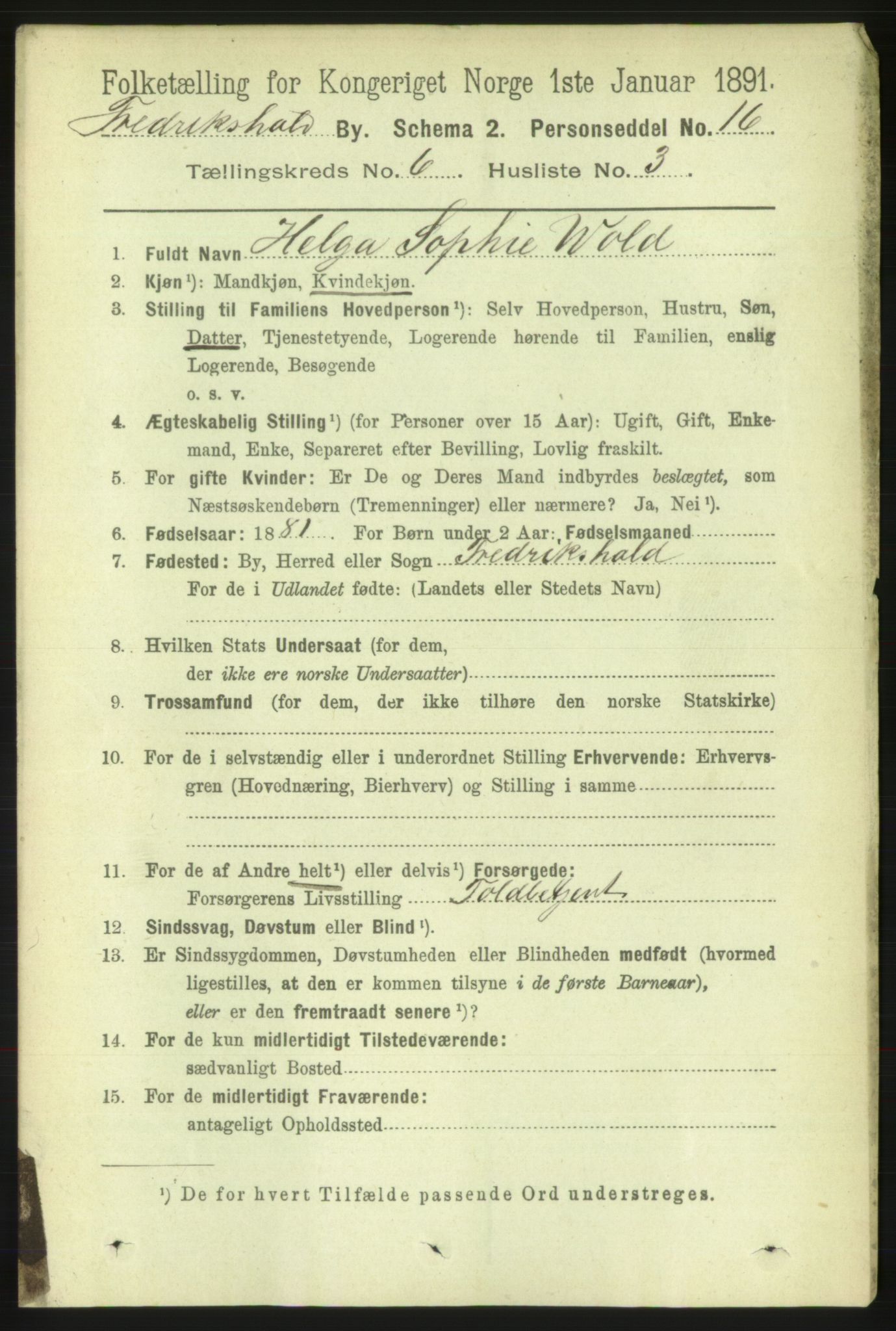 RA, 1891 census for 0101 Fredrikshald, 1891, p. 4516