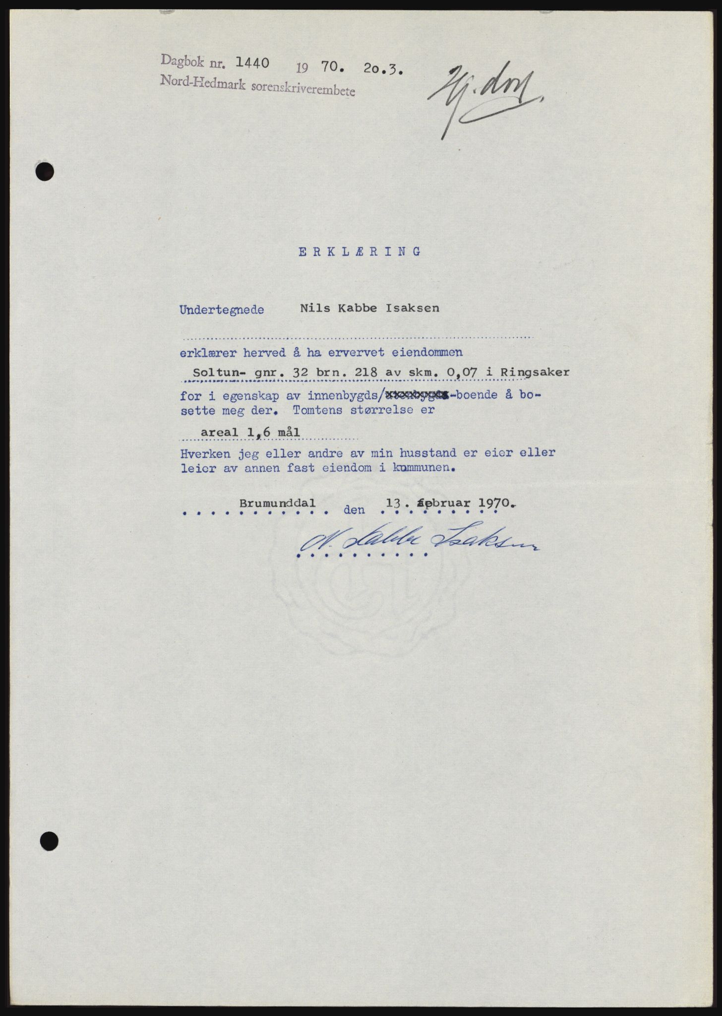 Nord-Hedmark sorenskriveri, SAH/TING-012/H/Hc/L0033: Mortgage book no. 33, 1970-1970, Diary no: : 1440/1970