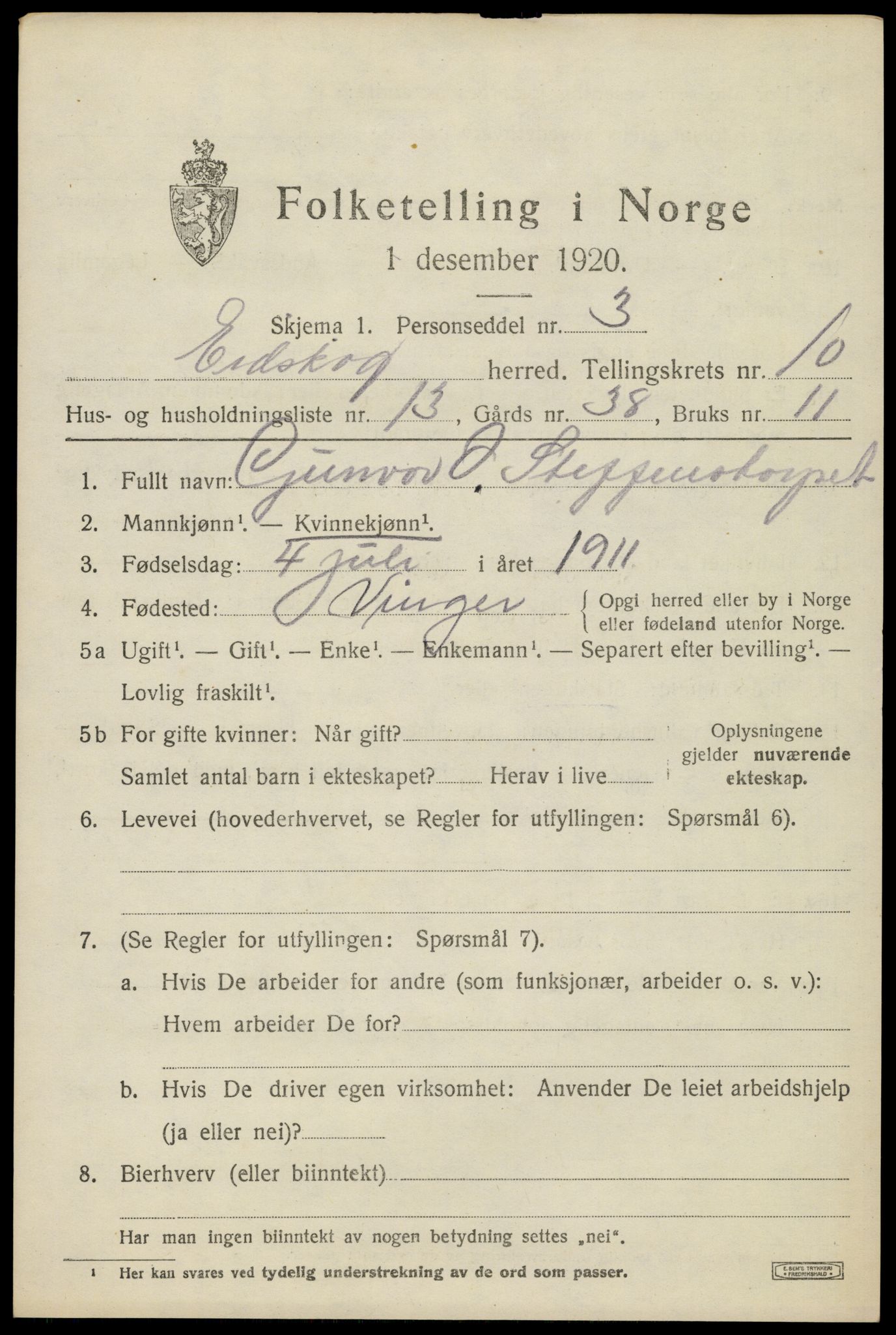 SAH, 1920 census for Eidskog, 1920, p. 11283