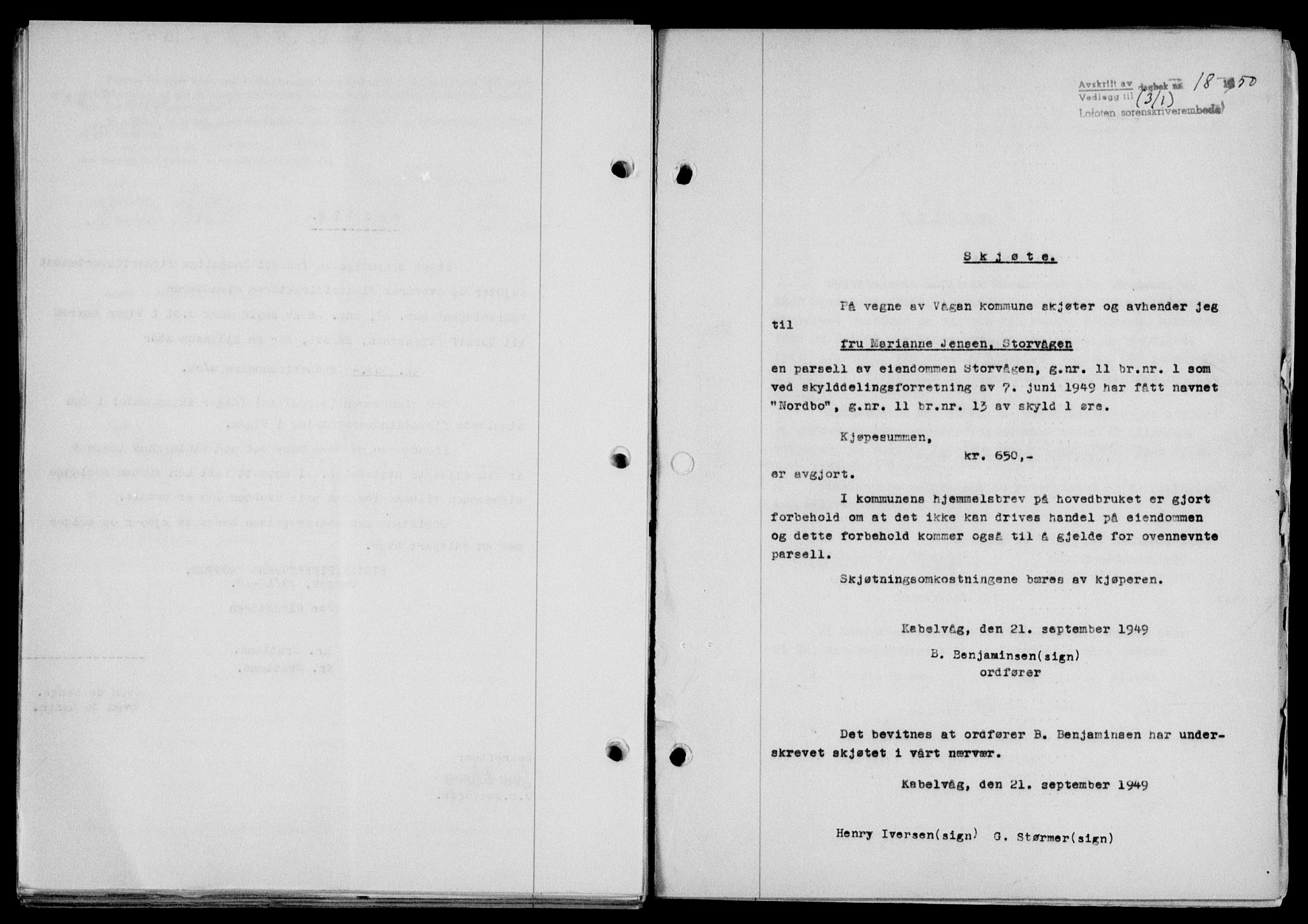 Lofoten sorenskriveri, SAT/A-0017/1/2/2C/L0022a: Mortgage book no. 22a, 1949-1950, Diary no: : 18/1950