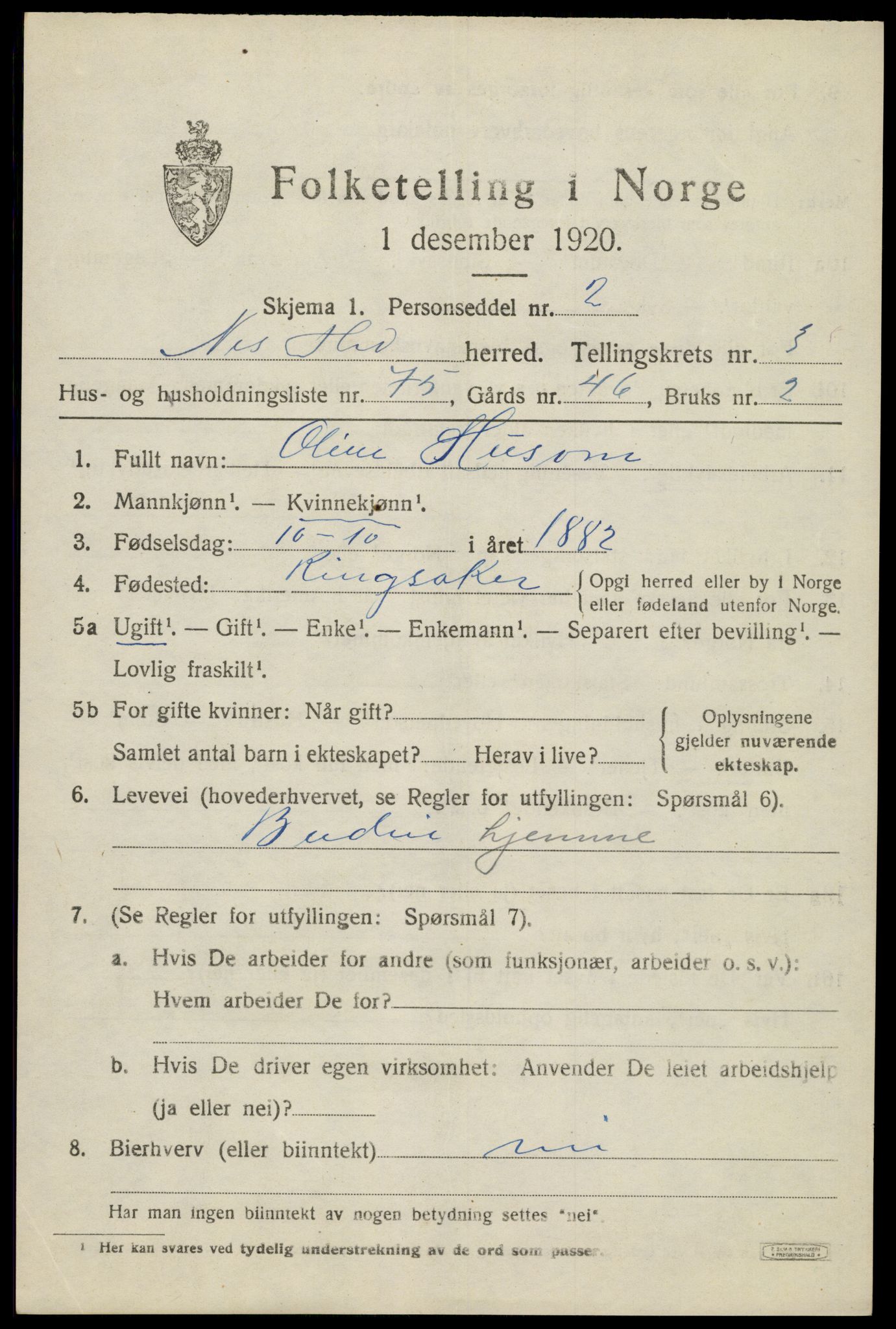 SAH, 1920 census for Nes (Hedmark), 1920, p. 5412