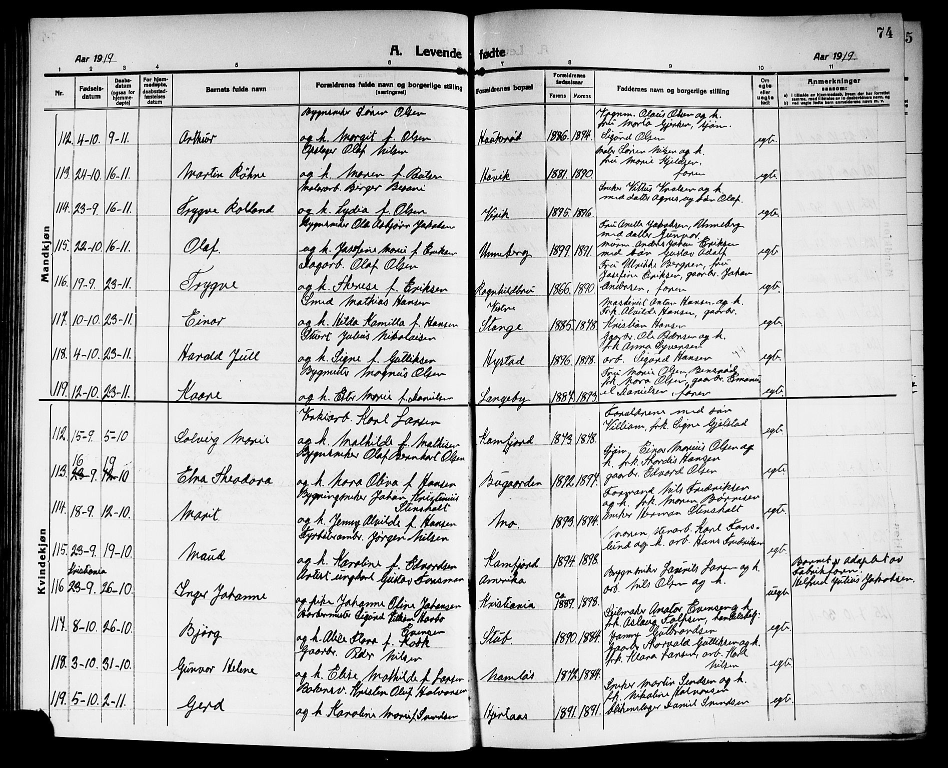 Sandar kirkebøker, AV/SAKO-A-243/G/Ga/L0003: Parish register (copy) no. 3, 1916-1922, p. 74