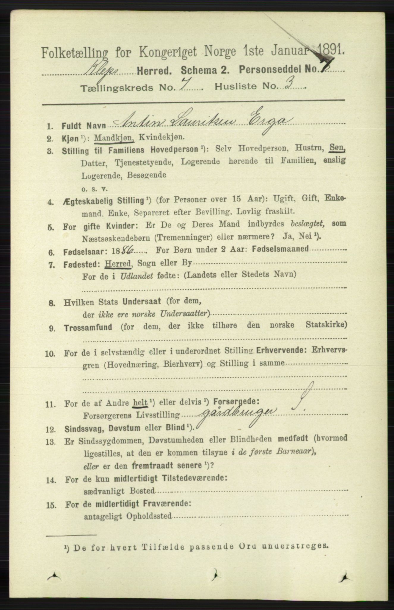 RA, 1891 census for 1120 Klepp, 1891, p. 2132