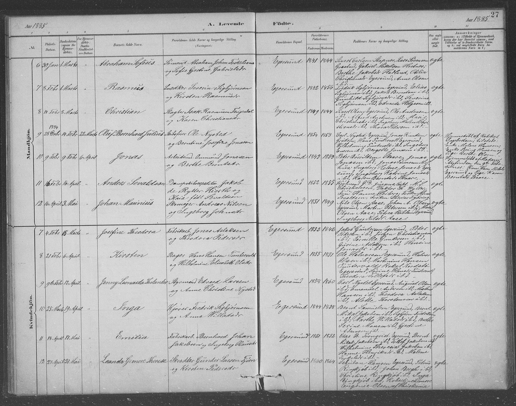 Eigersund sokneprestkontor, AV/SAST-A-101807/S09/L0008: Parish register (copy) no. B 8, 1882-1892, p. 27