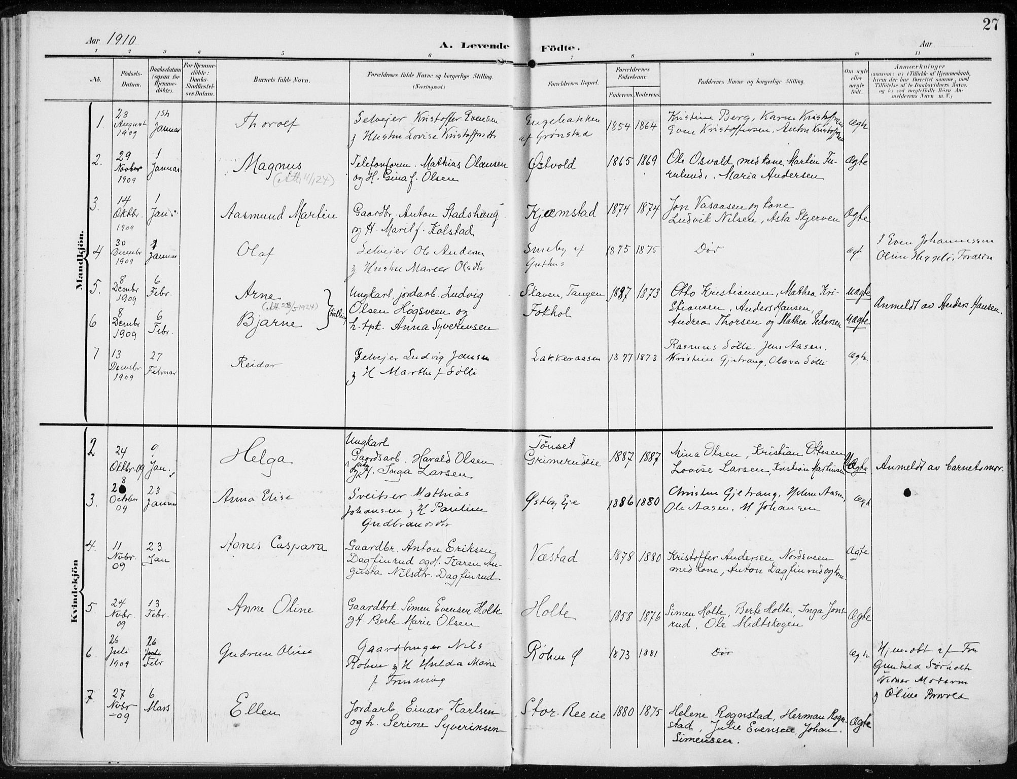 Stange prestekontor, AV/SAH-PREST-002/K/L0024: Parish register (official) no. 24, 1906-1922, p. 27