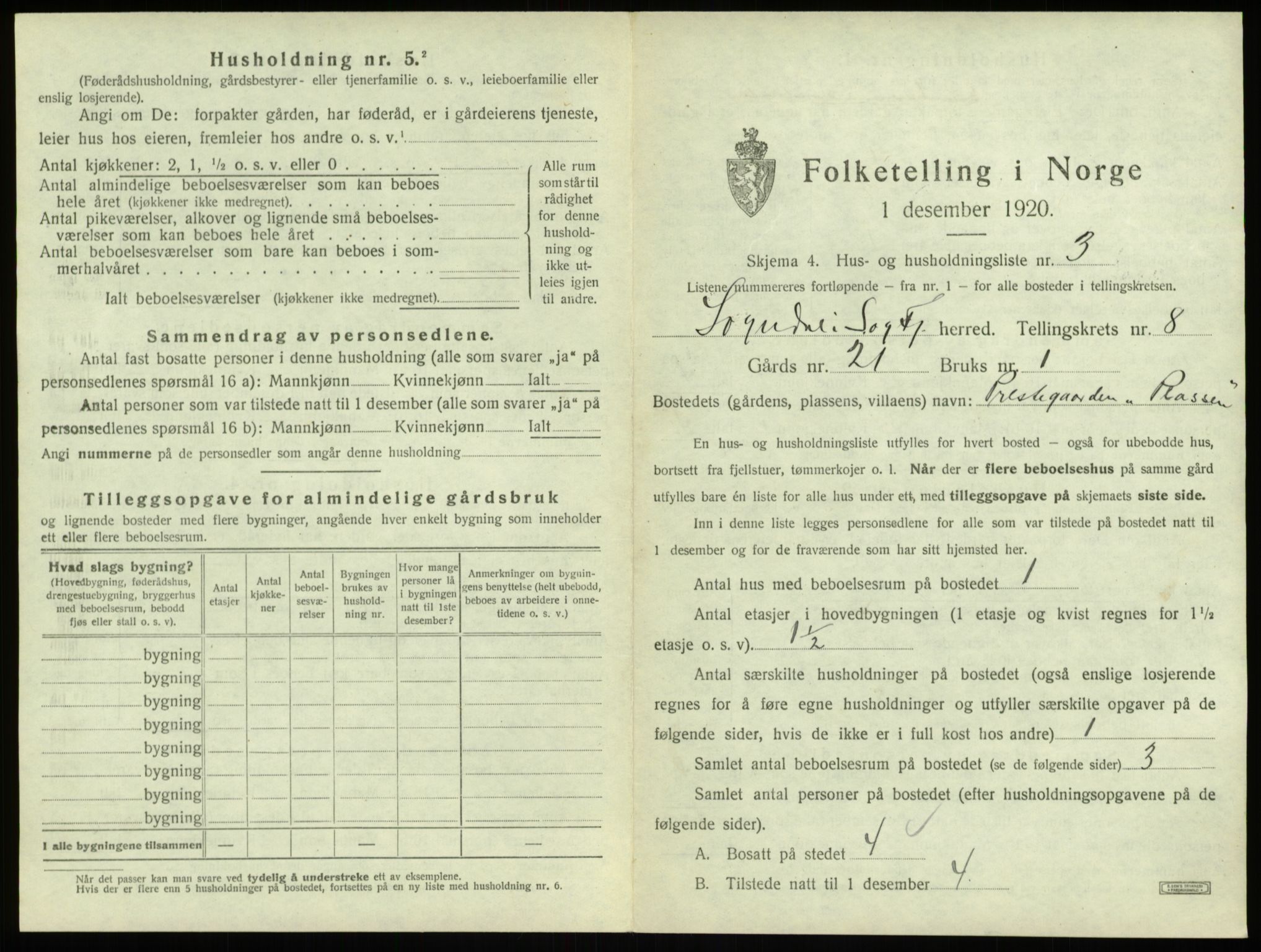 SAB, 1920 census for Sogndal, 1920, p. 452