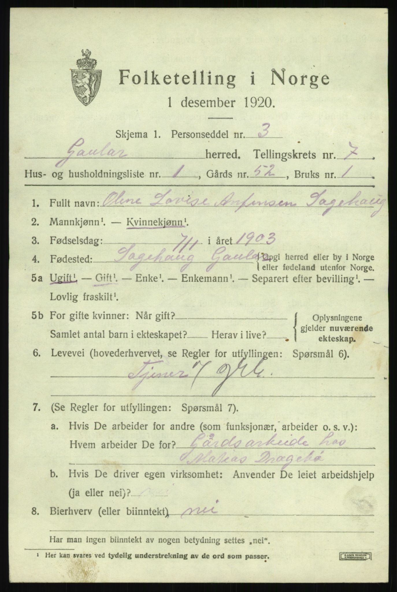 SAB, 1920 census for Gaular, 1920, p. 3446