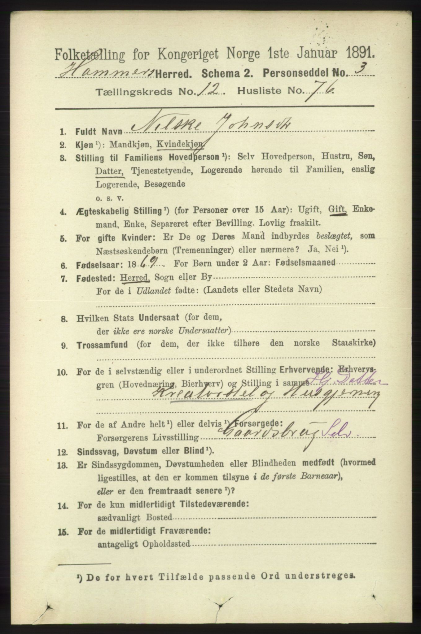 RA, 1891 census for 1254 Hamre, 1891, p. 3939