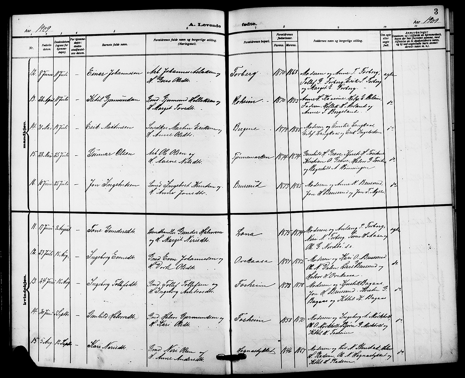 Bø kirkebøker, AV/SAKO-A-257/G/Ga/L0007: Parish register (copy) no. 7, 1909-1924, p. 3