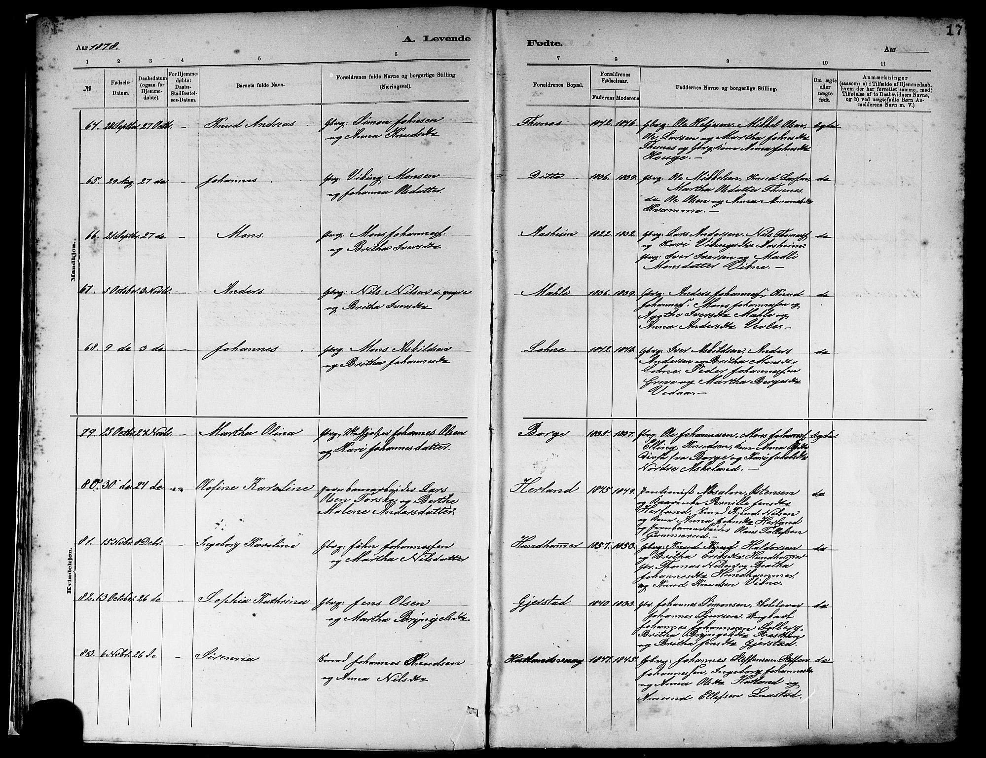 Haus sokneprestembete, AV/SAB-A-75601/H/Haa: Parish register (official) no. A 19I, 1878-1886, p. 17