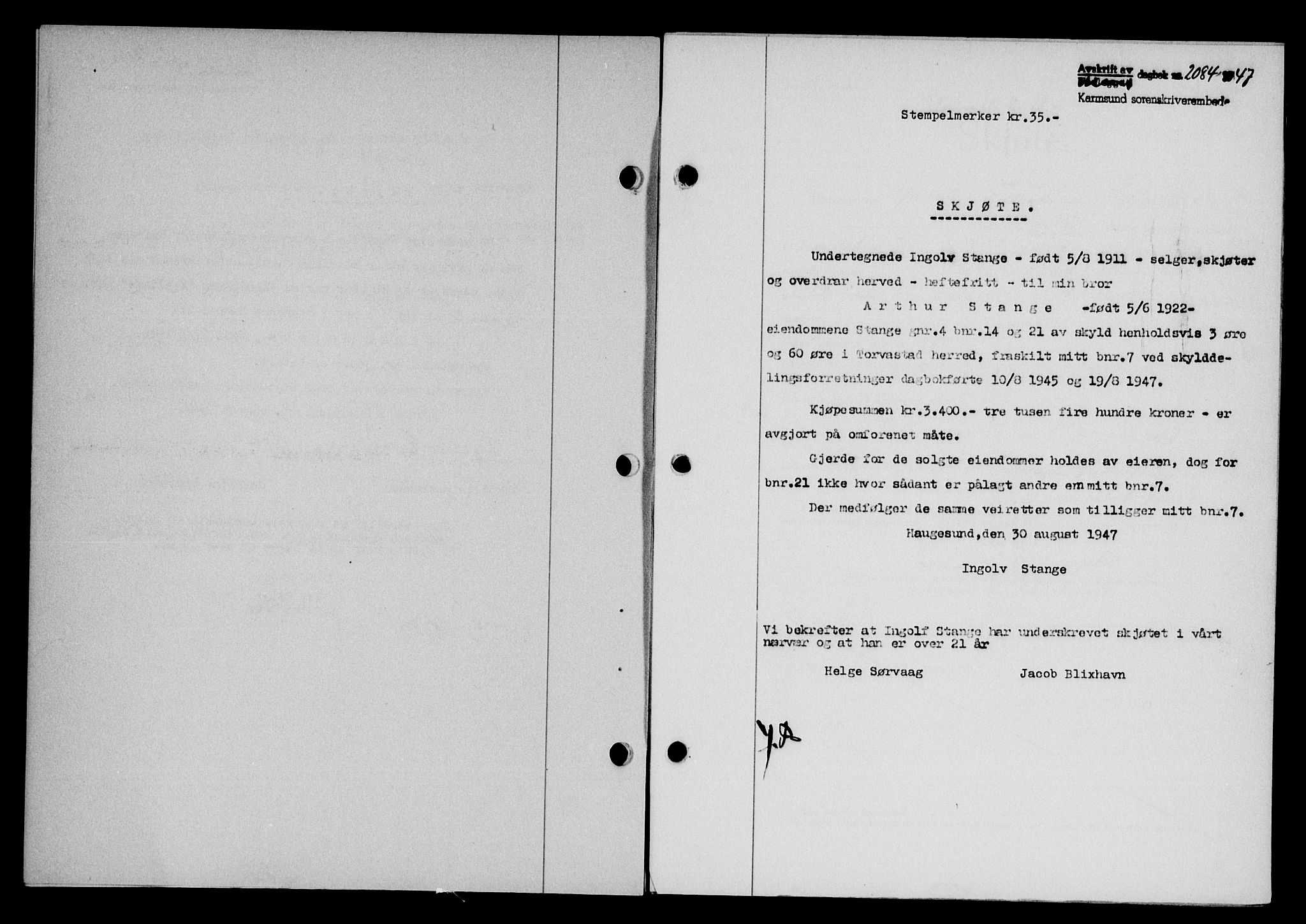 Karmsund sorenskriveri, SAST/A-100311/01/II/IIB/L0090: Mortgage book no. 70A, 1947-1947, Diary no: : 2084/1947