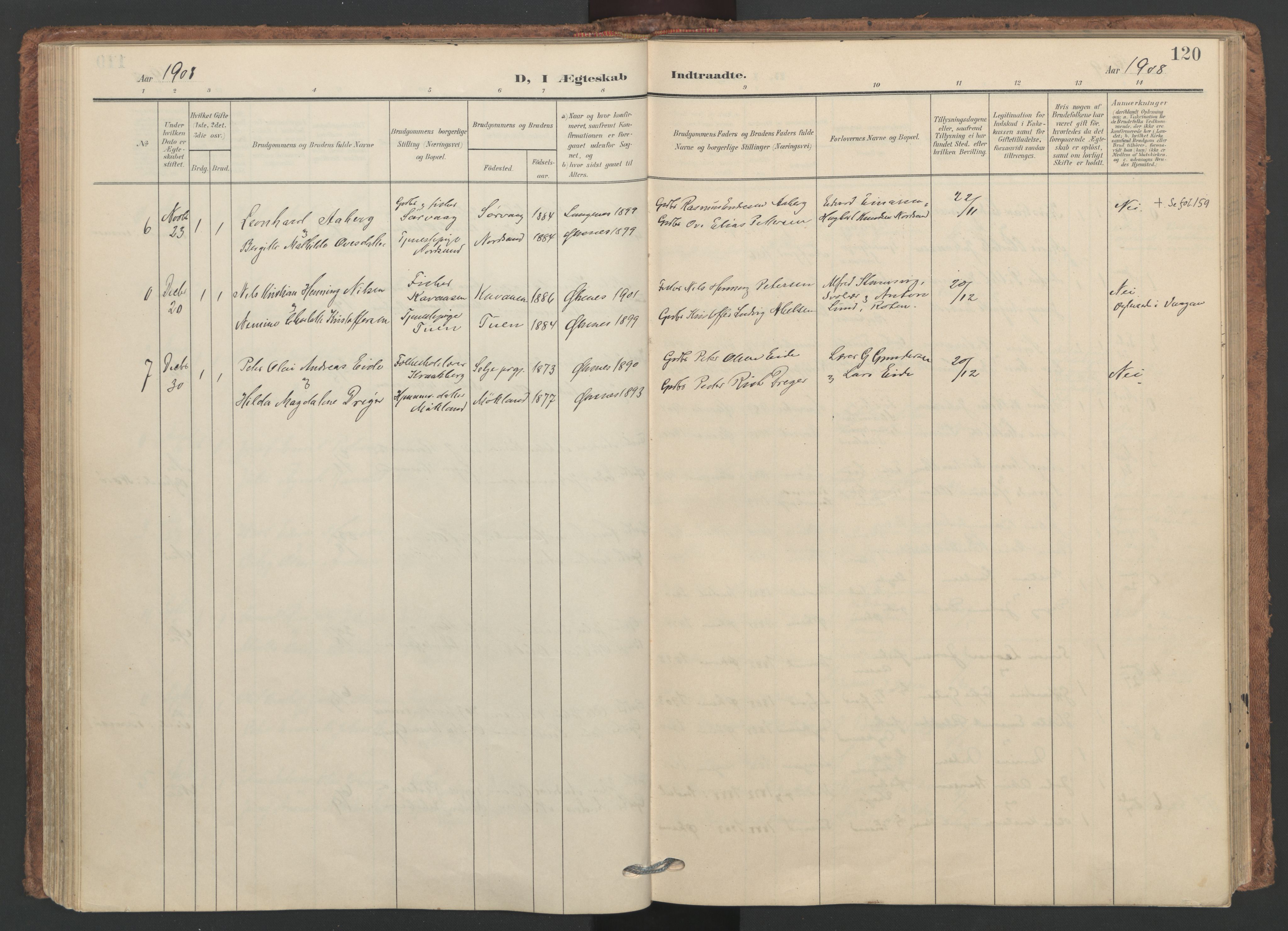 Ministerialprotokoller, klokkerbøker og fødselsregistre - Nordland, SAT/A-1459/893/L1339: Parish register (official) no. 893A11, 1904-1914, p. 120