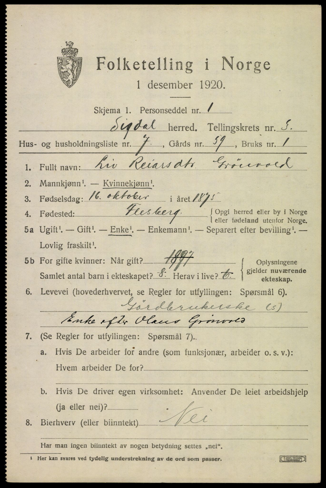 SAKO, 1920 census for Sigdal, 1920, p. 2854