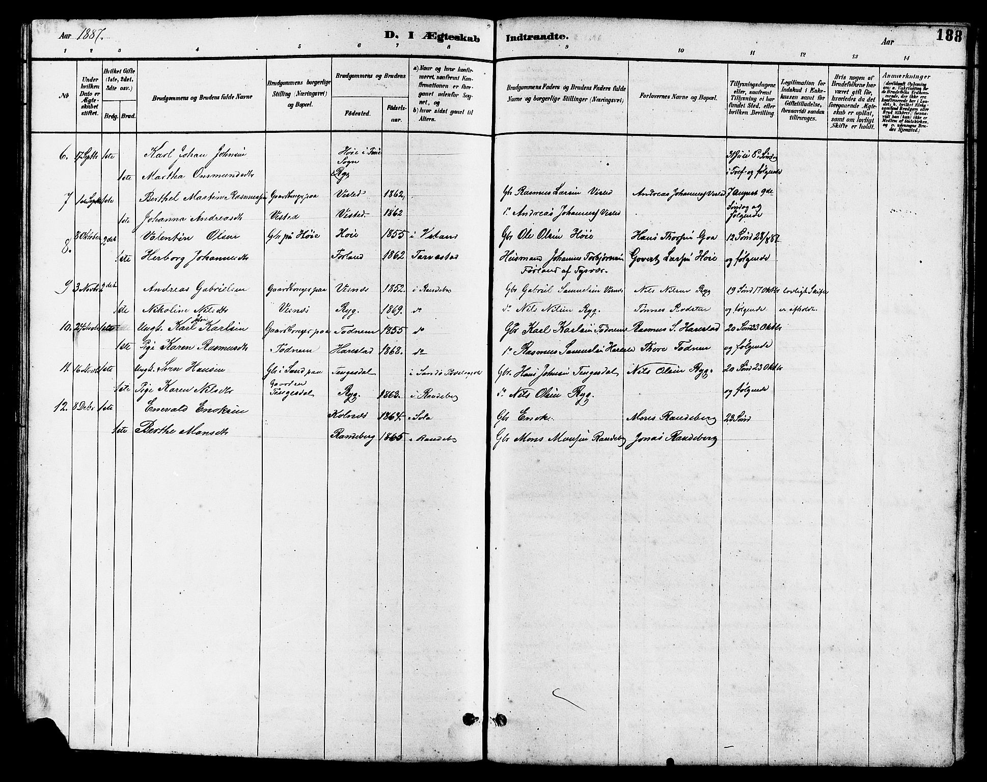 Hetland sokneprestkontor, SAST/A-101826/30/30BB/L0006: Parish register (copy) no. B 6, 1878-1921, p. 188
