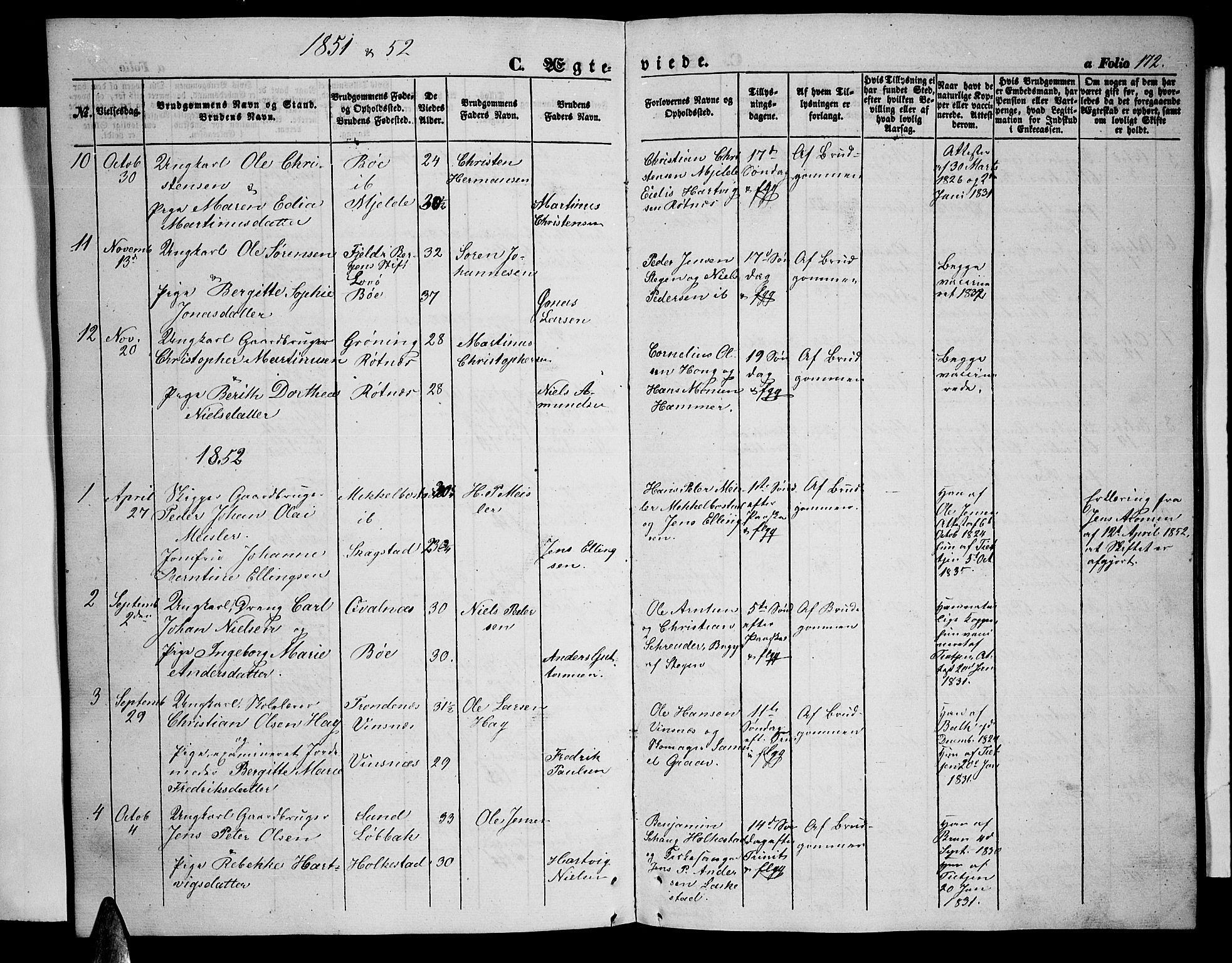 Ministerialprotokoller, klokkerbøker og fødselsregistre - Nordland, SAT/A-1459/855/L0814: Parish register (copy) no. 855C03, 1851-1864, p. 172