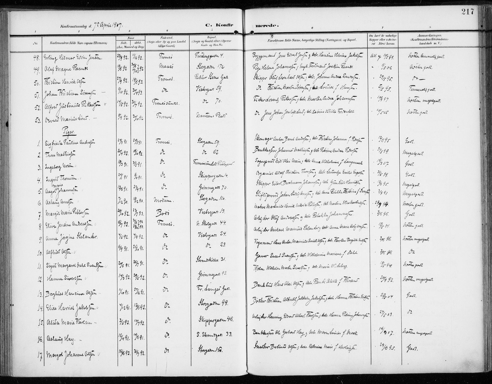 Tromsø sokneprestkontor/stiftsprosti/domprosti, SATØ/S-1343/G/Ga/L0017kirke: Parish register (official) no. 17, 1907-1917, p. 217