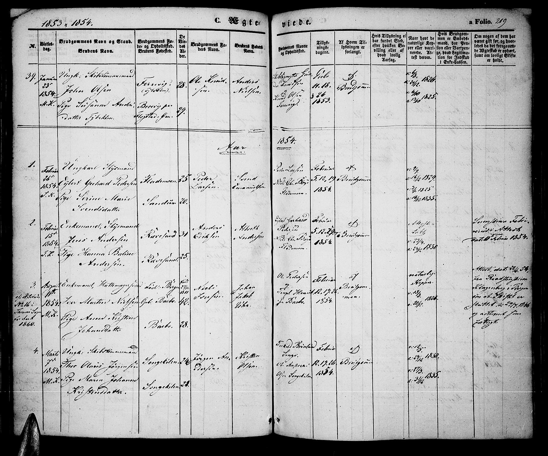 Tromøy sokneprestkontor, SAK/1111-0041/F/Fa/L0005: Parish register (official) no. A 5, 1847-1856, p. 219