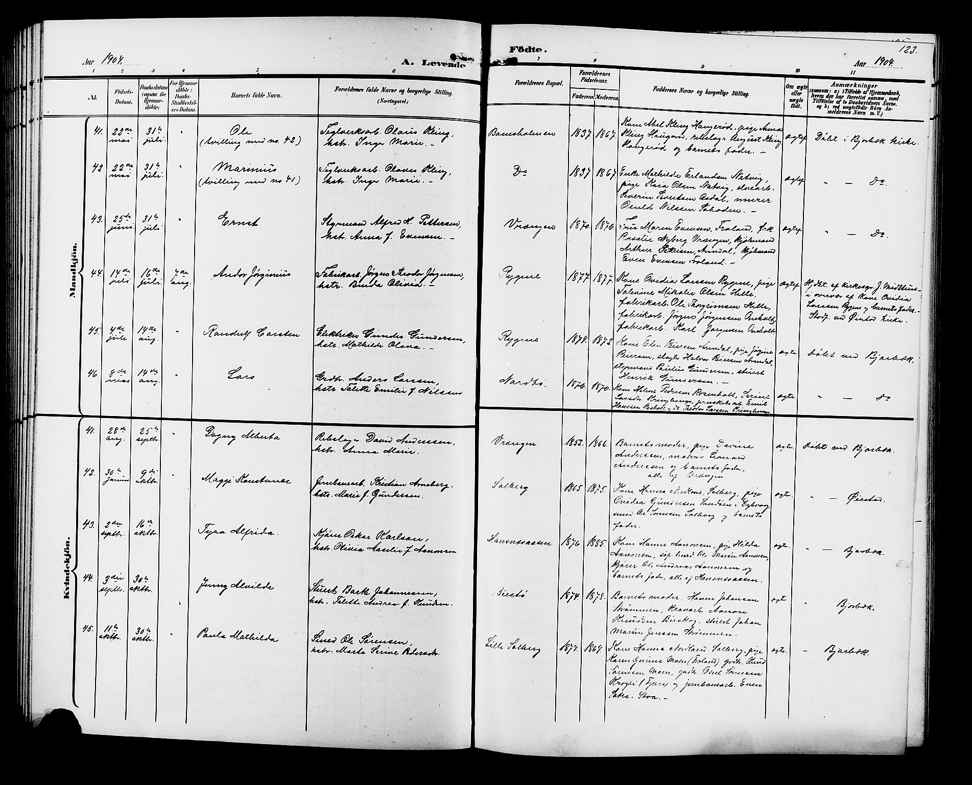 Øyestad sokneprestkontor, SAK/1111-0049/F/Fb/L0010: Parish register (copy) no. B 10, 1897-1906, p. 123