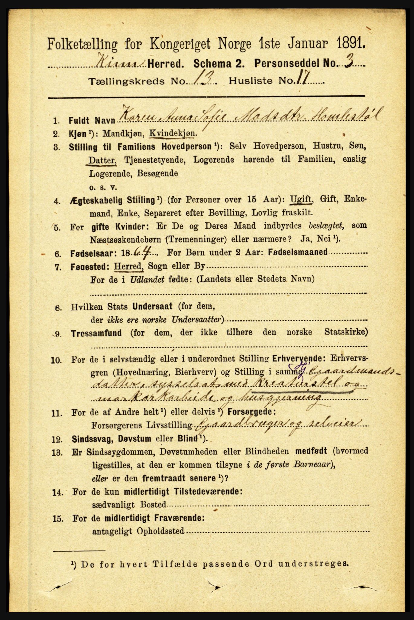 RA, 1891 census for 1437 Kinn, 1891, p. 5182