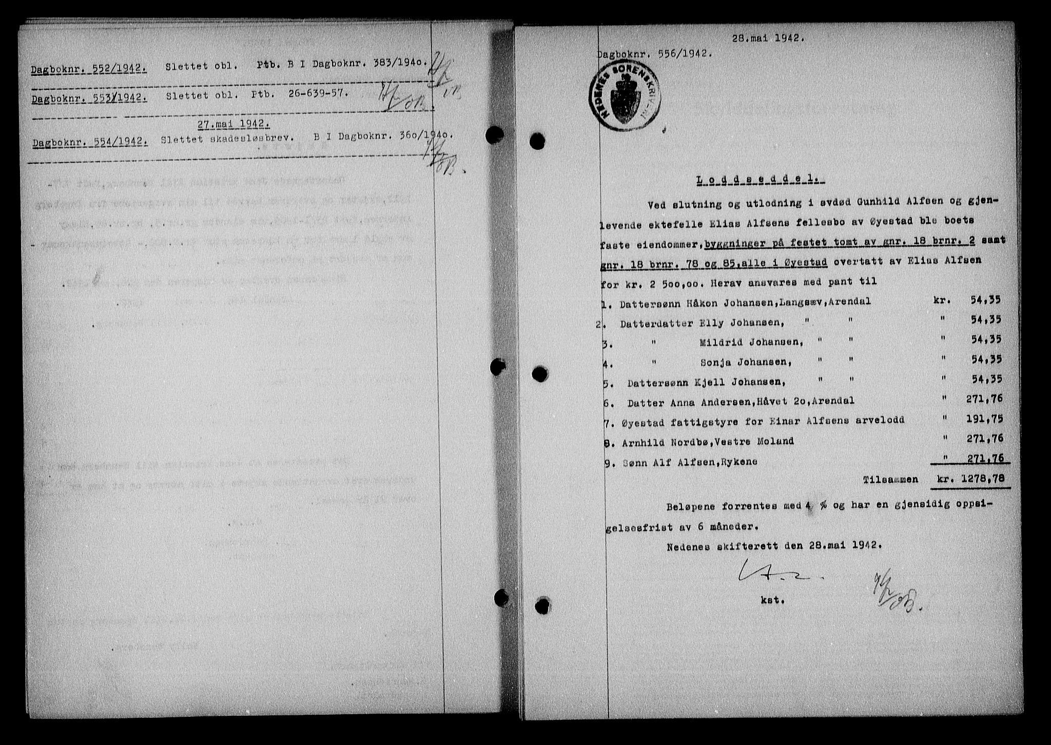 Nedenes sorenskriveri, SAK/1221-0006/G/Gb/Gba/L0049: Mortgage book no. A-III, 1941-1942, Diary no: : 556/1942