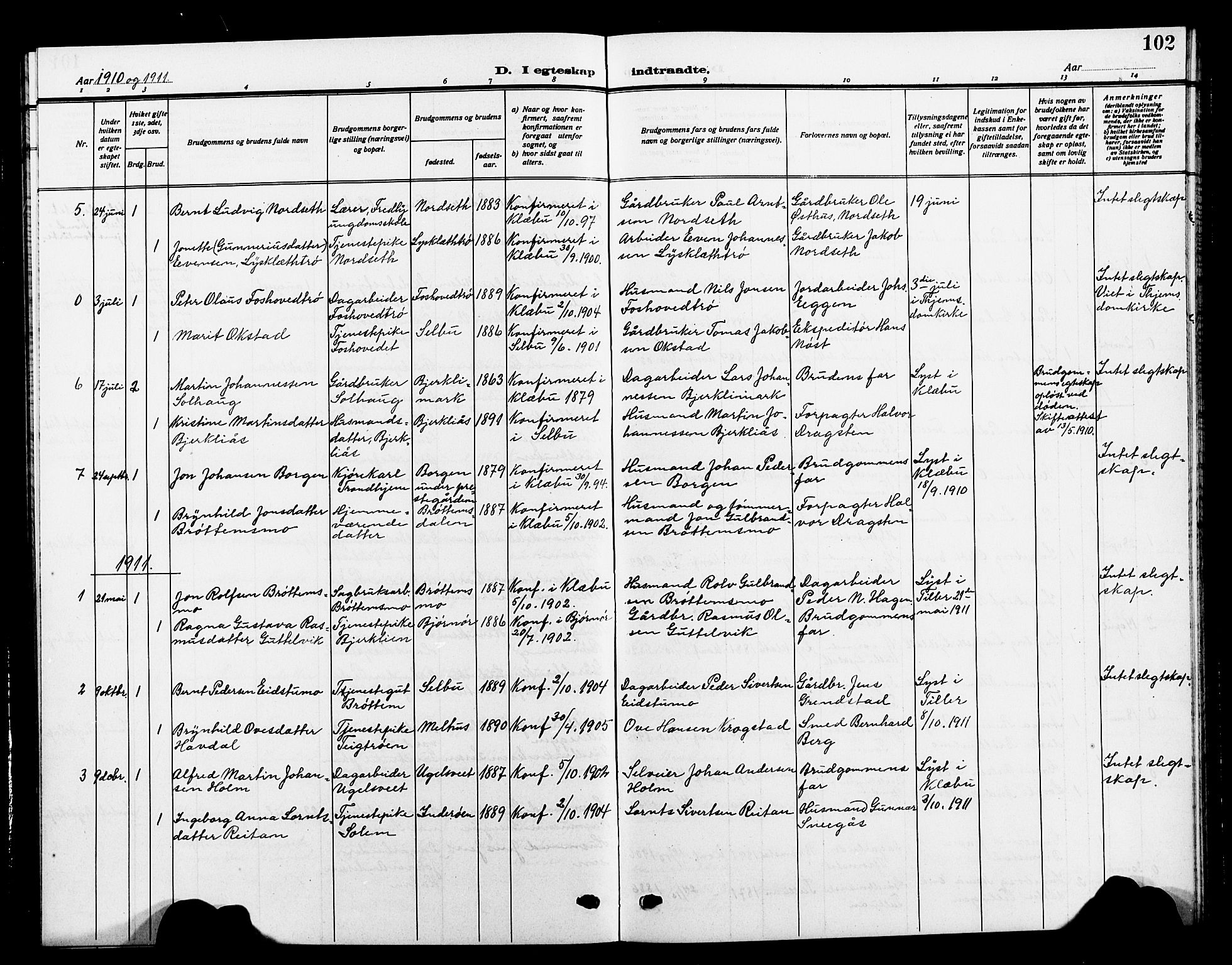 Ministerialprotokoller, klokkerbøker og fødselsregistre - Sør-Trøndelag, SAT/A-1456/618/L0453: Parish register (copy) no. 618C04, 1907-1925, p. 102