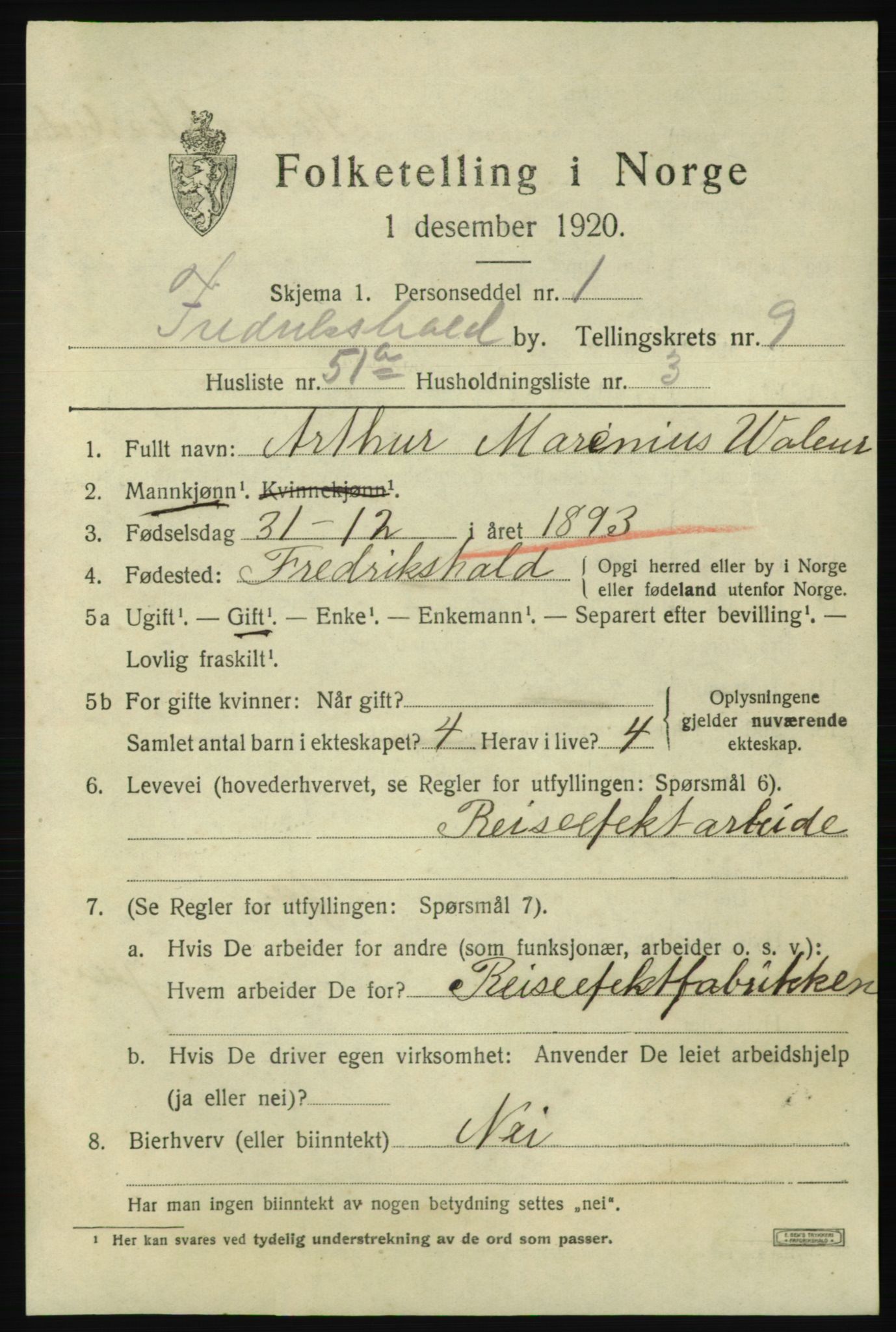SAO, 1920 census for Fredrikshald, 1920, p. 17143